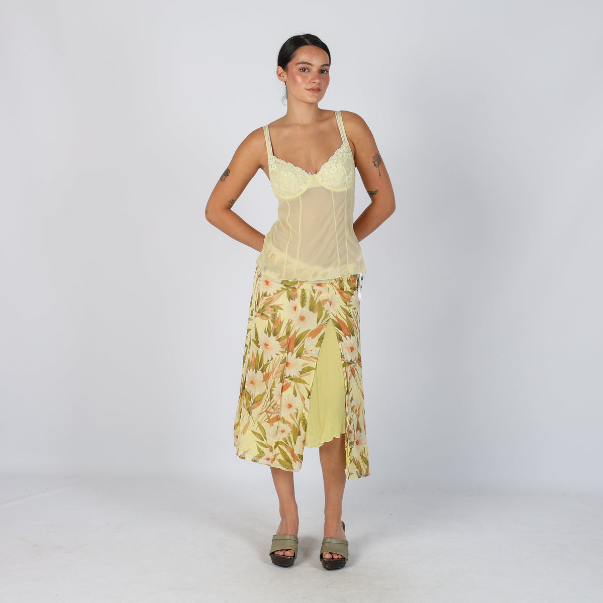 Yellow 90s Made in Italy Woven Midi Skirt (S)