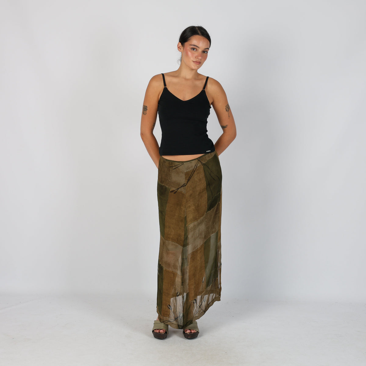 Dark Green Y2K Made in Italy Woven Maxi Skirt Semi Sheer (XS)