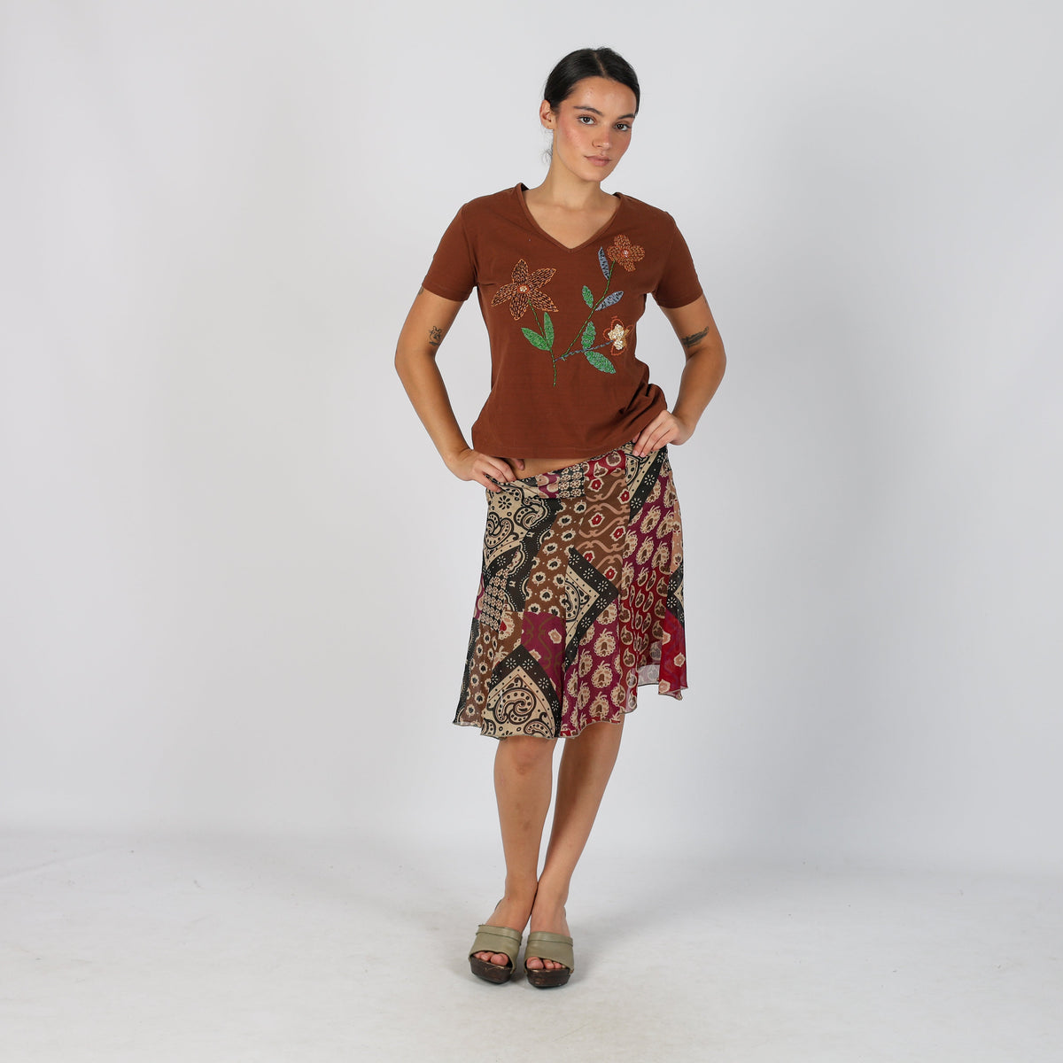 Brown Y2K Woven Midi Skirt (S)