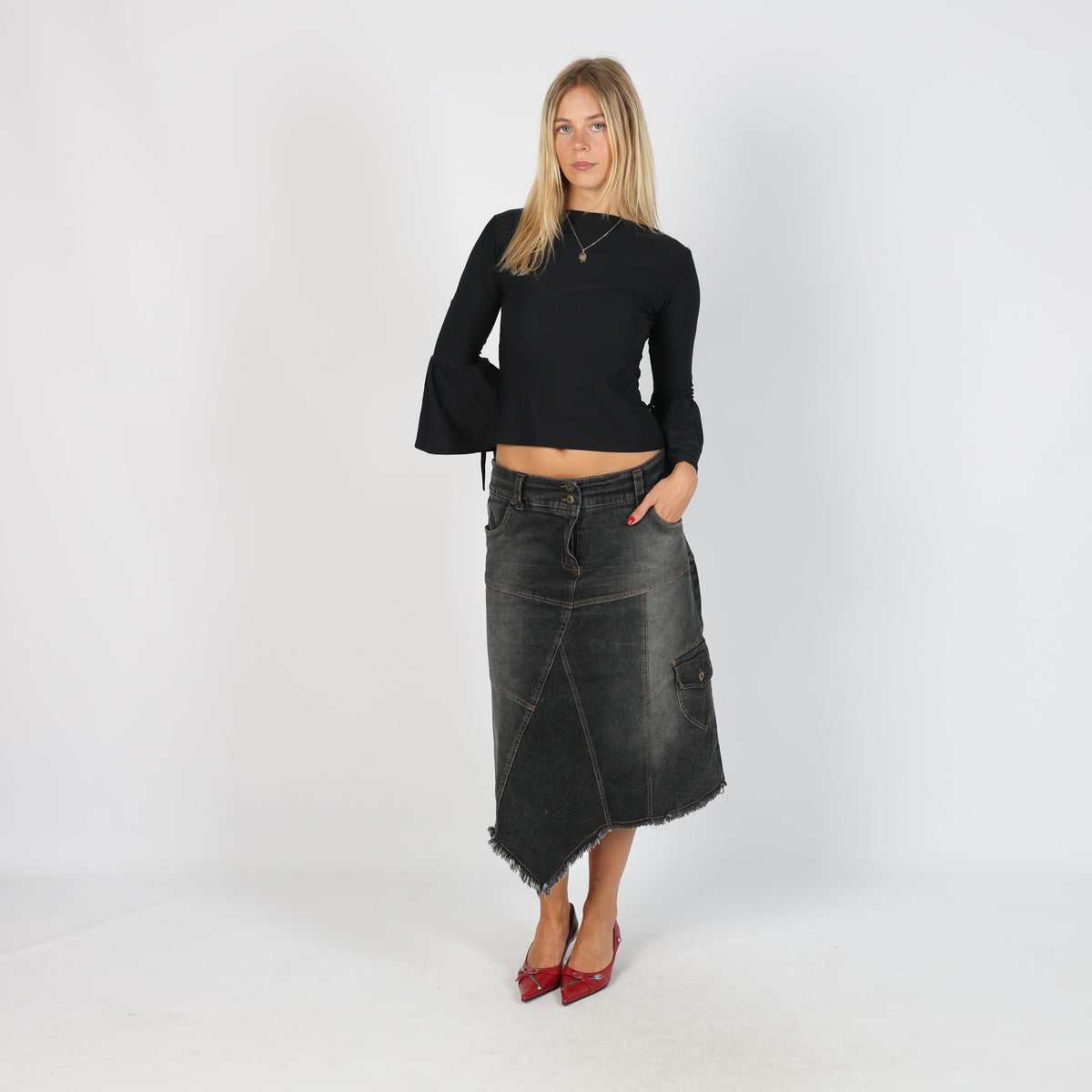 Charcoal Grey Y2K Oltre Denim Midi Skirt (L)