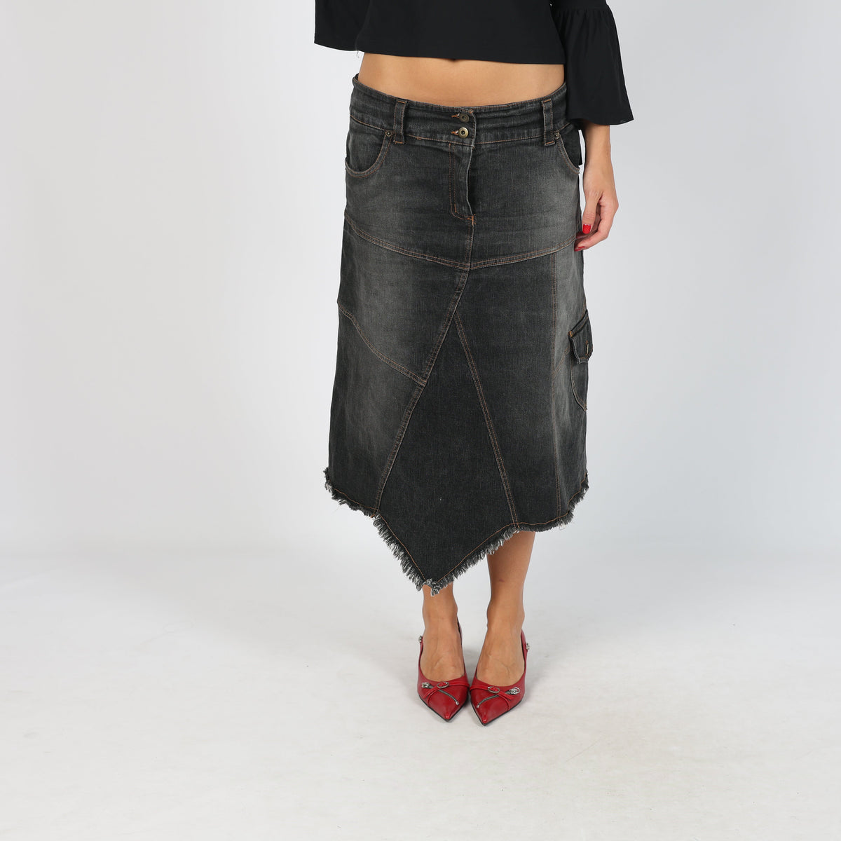 Charcoal Grey Y2K Oltre Denim Midi Skirt (L)