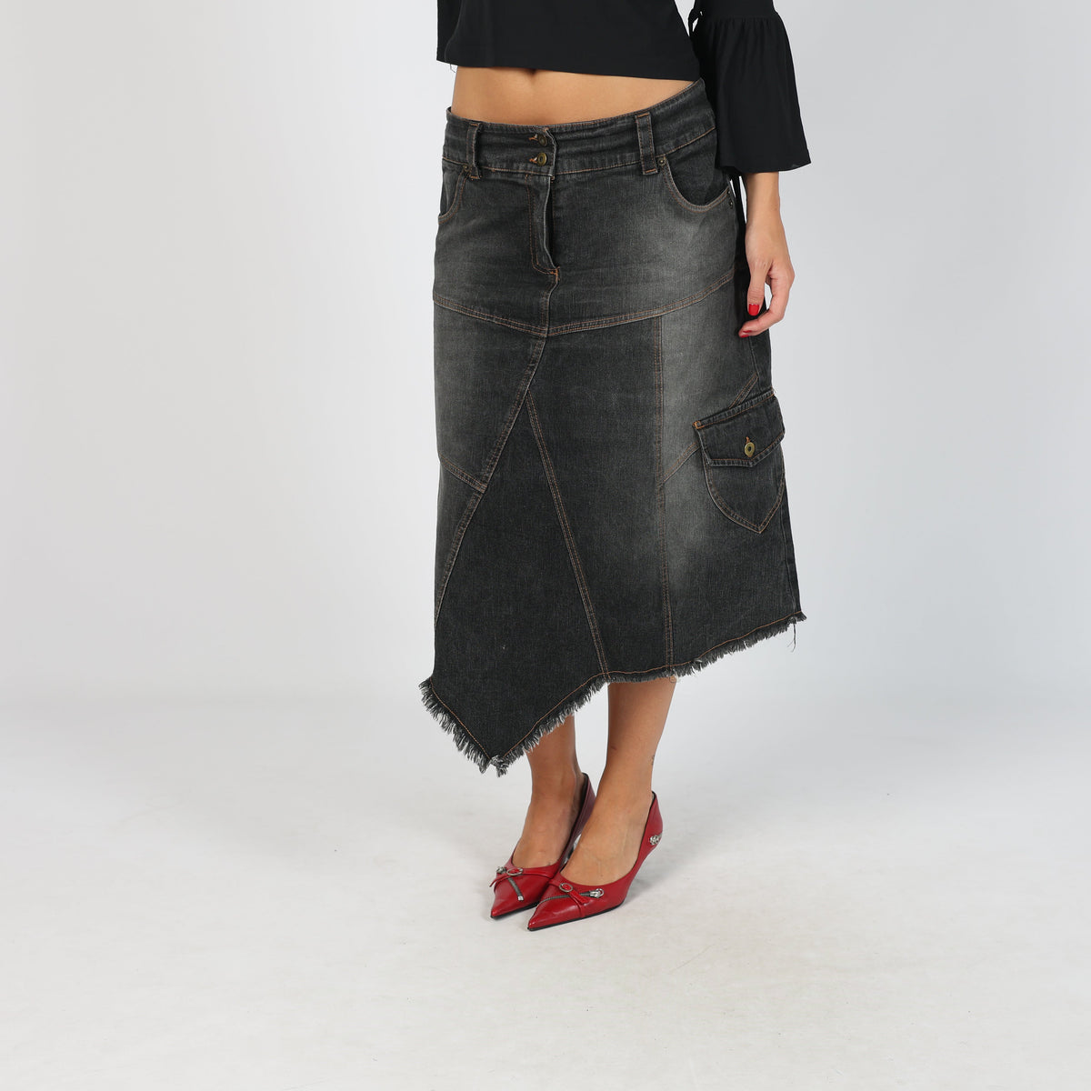 Charcoal Grey Y2K Oltre Denim Midi Skirt (L)