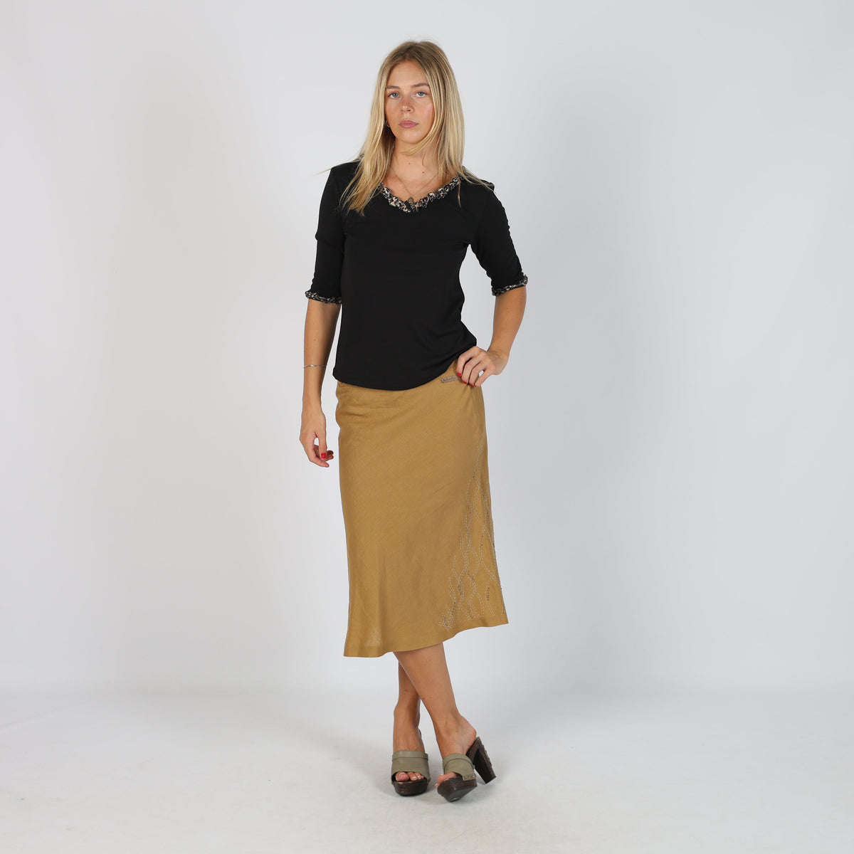 Tan 90s Marlboro Classics Woven Midi Skirt Linen (S)