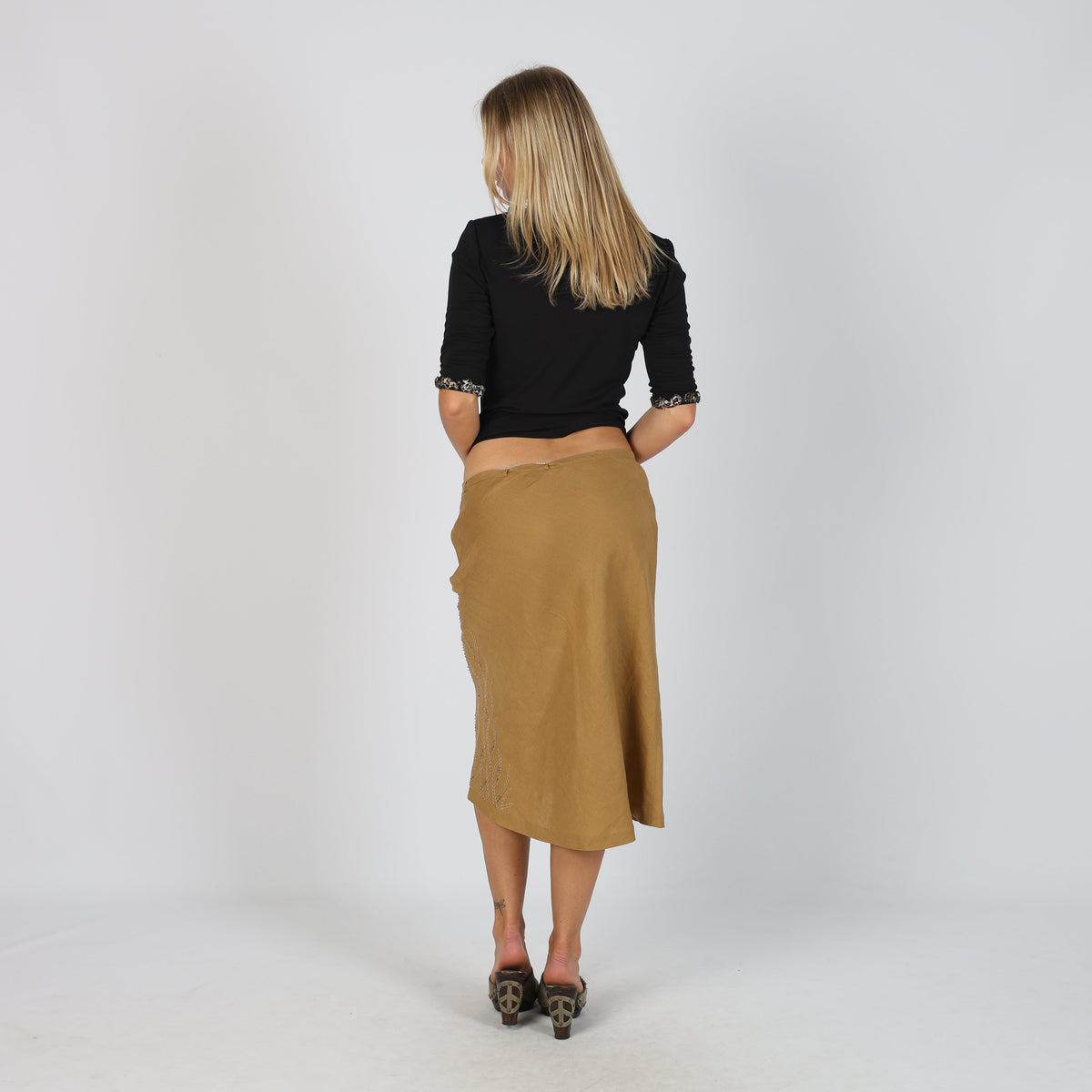 Tan 90s Marlboro Classics Woven Midi Skirt Linen (S)