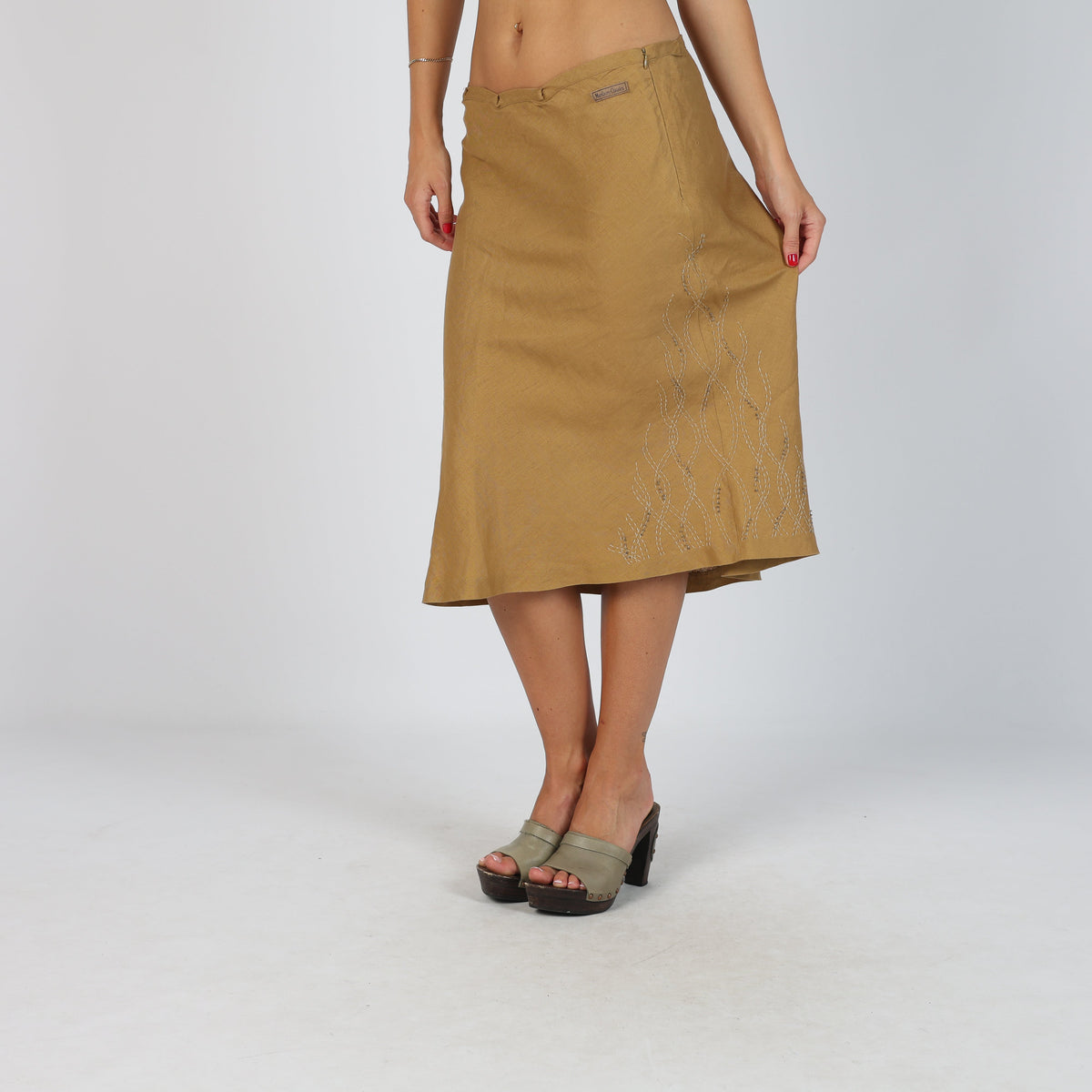 Tan 90s Marlboro Classics Woven Midi Skirt Linen (S)