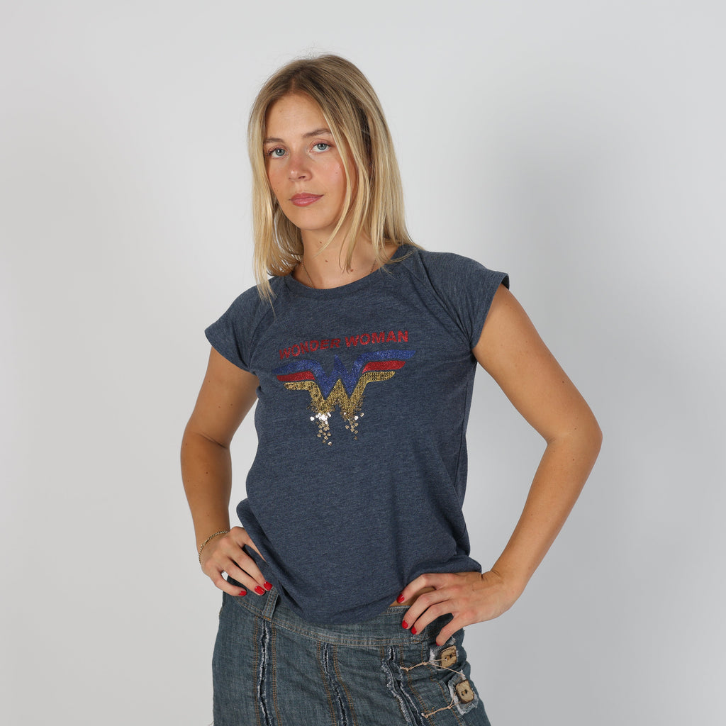Navy Blue Y2K Baby Tee Wonder Woman (S)
