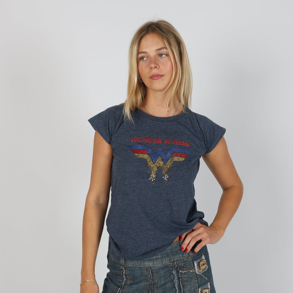 Navy Blue Y2K Baby Tee Wonder Woman (S)