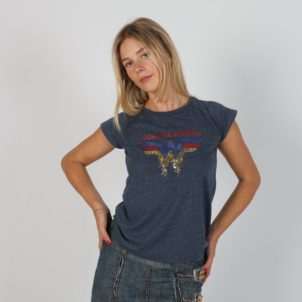 Navy Blue Y2K Baby Tee Wonder Woman (S)