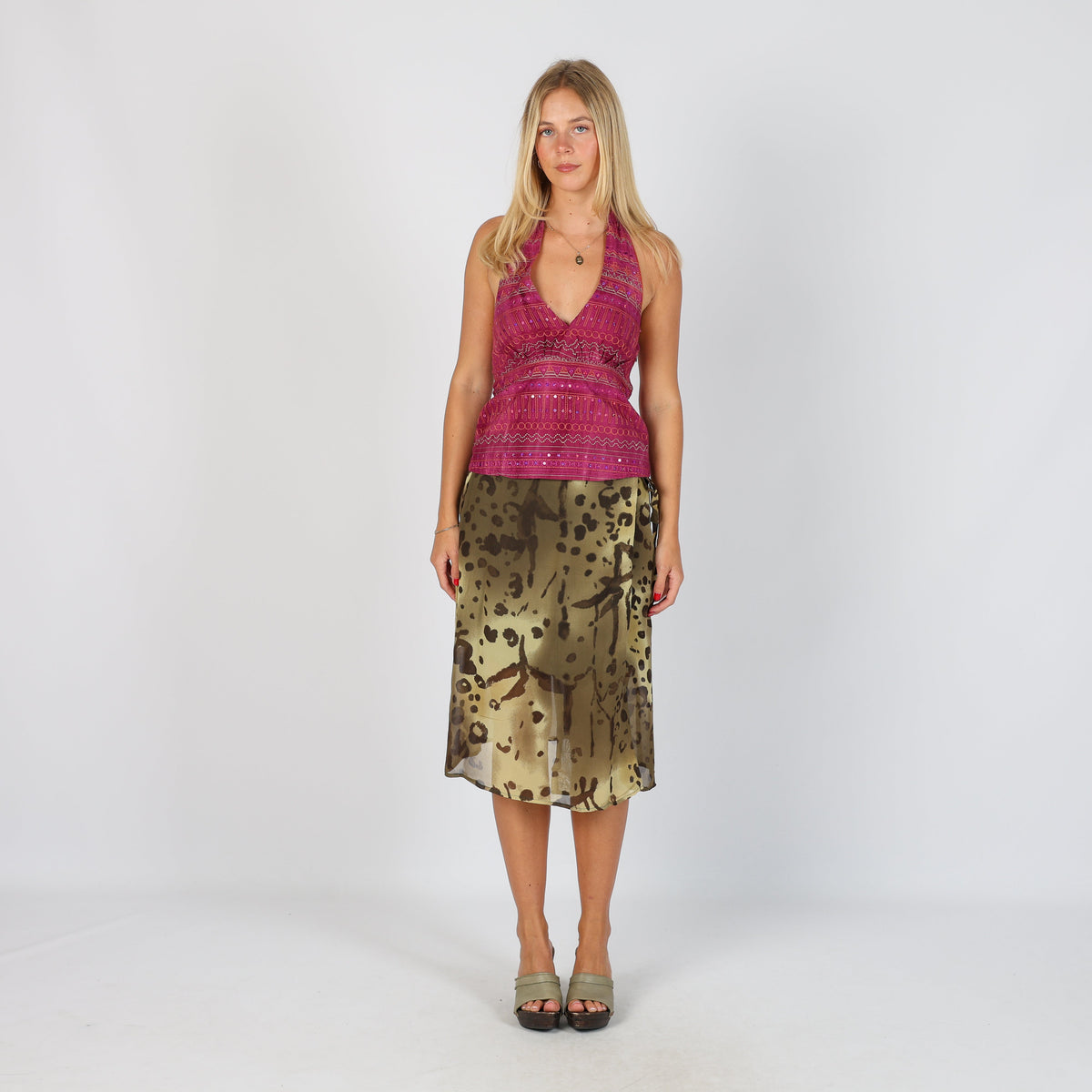 Dark Green Y2K Made in Italy Woven Midi Skirt (XS)