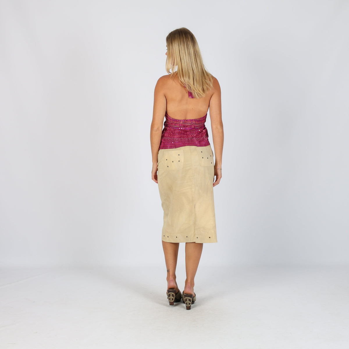 Tan 90s Made in Italy Woven Midi Skirt (S)