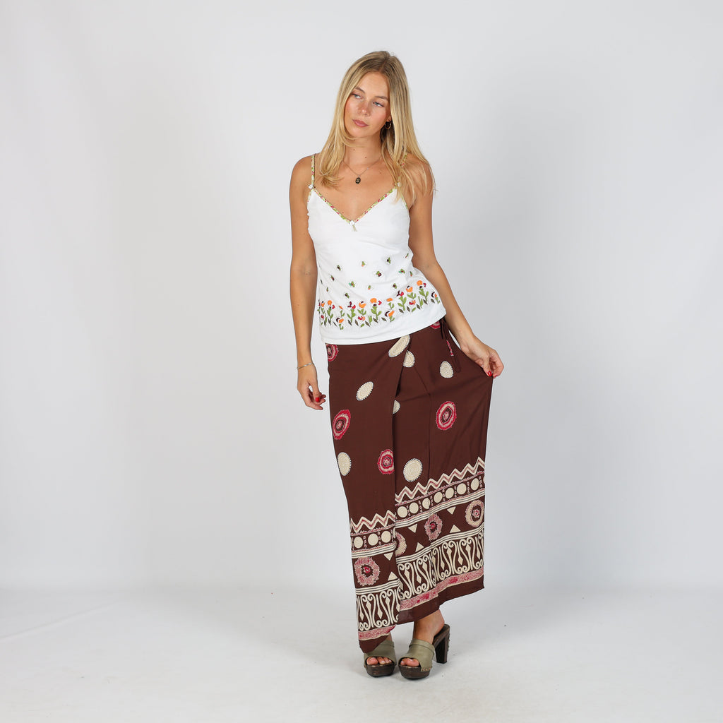 Brown Y2K Woven Maxi Skirt Adjustable (S)