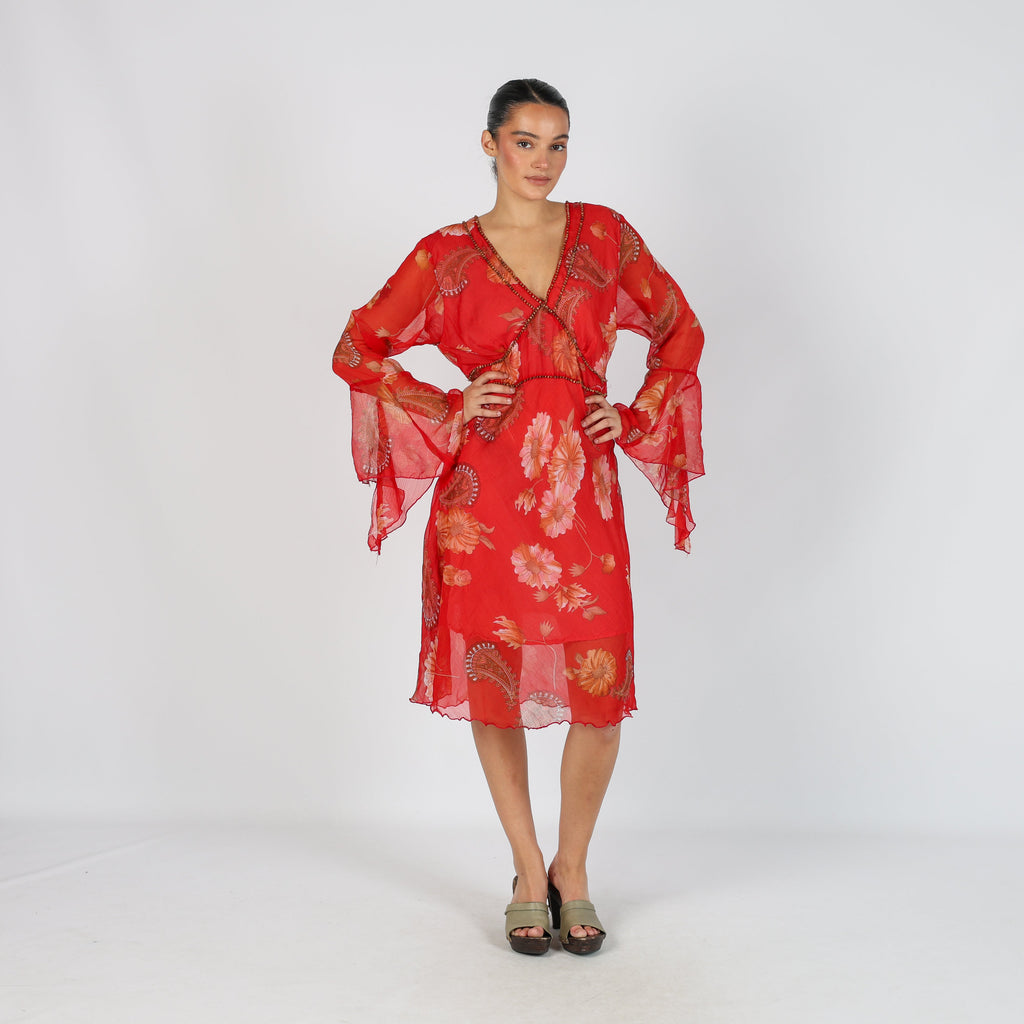 Red Y2K Woven Midi Dress Semi Sheer (L)