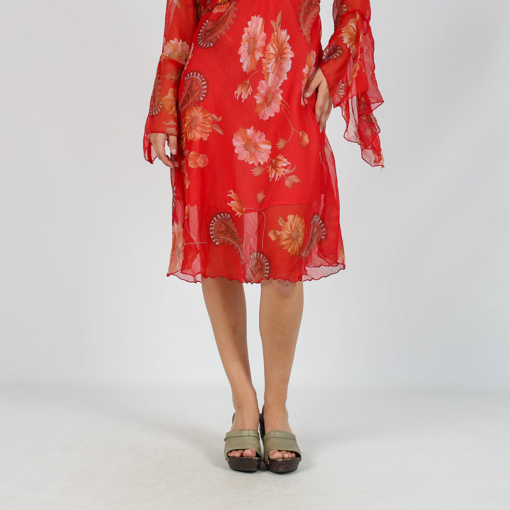 Red Y2K Woven Midi Dress Semi Sheer (L)