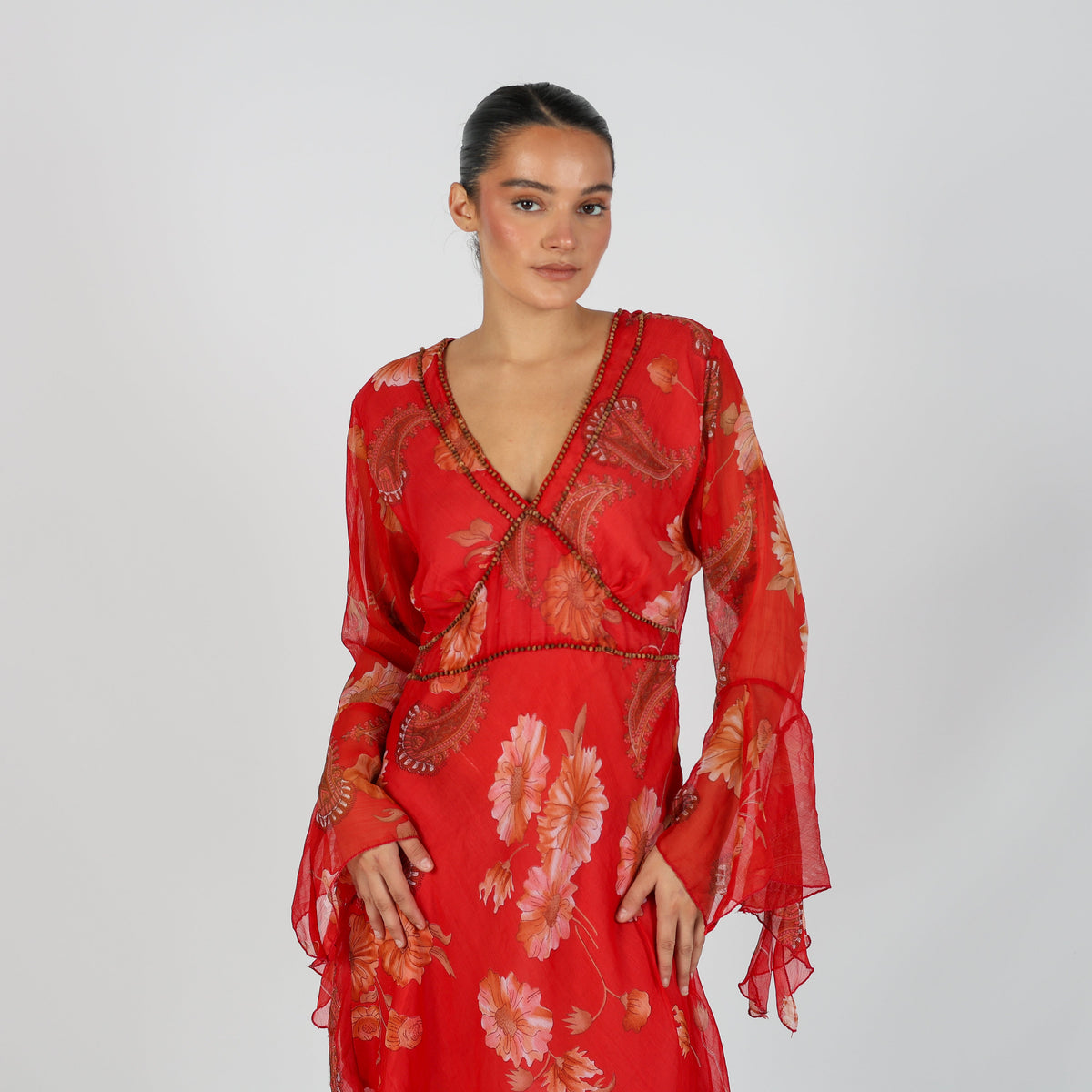 Red Y2K Woven Midi Dress Semi Sheer (L)
