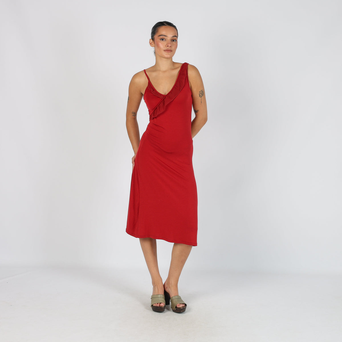 Red Y2K Woven Midi Dress Semi Sheer (S)