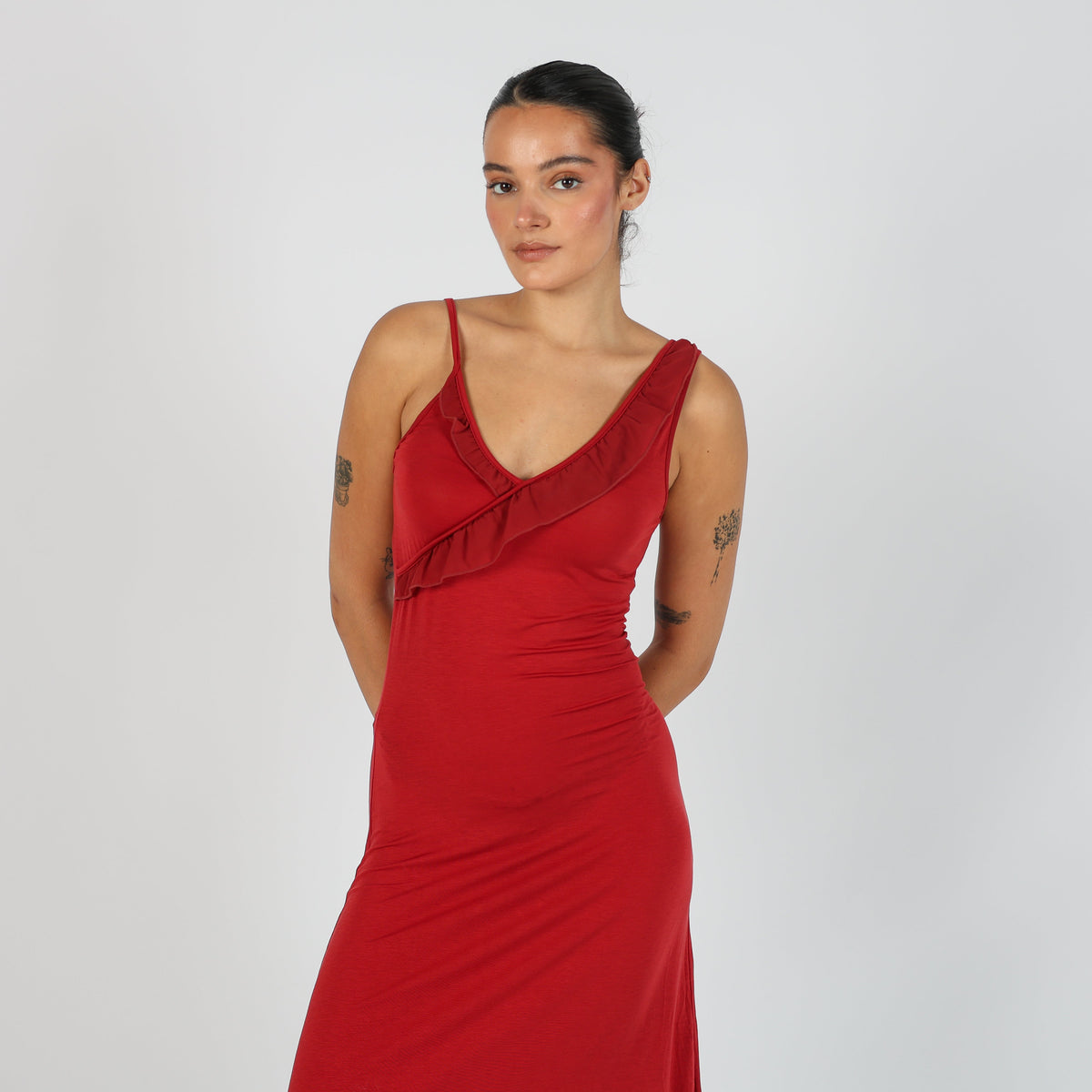 Red Y2K Woven Midi Dress Semi Sheer (S)