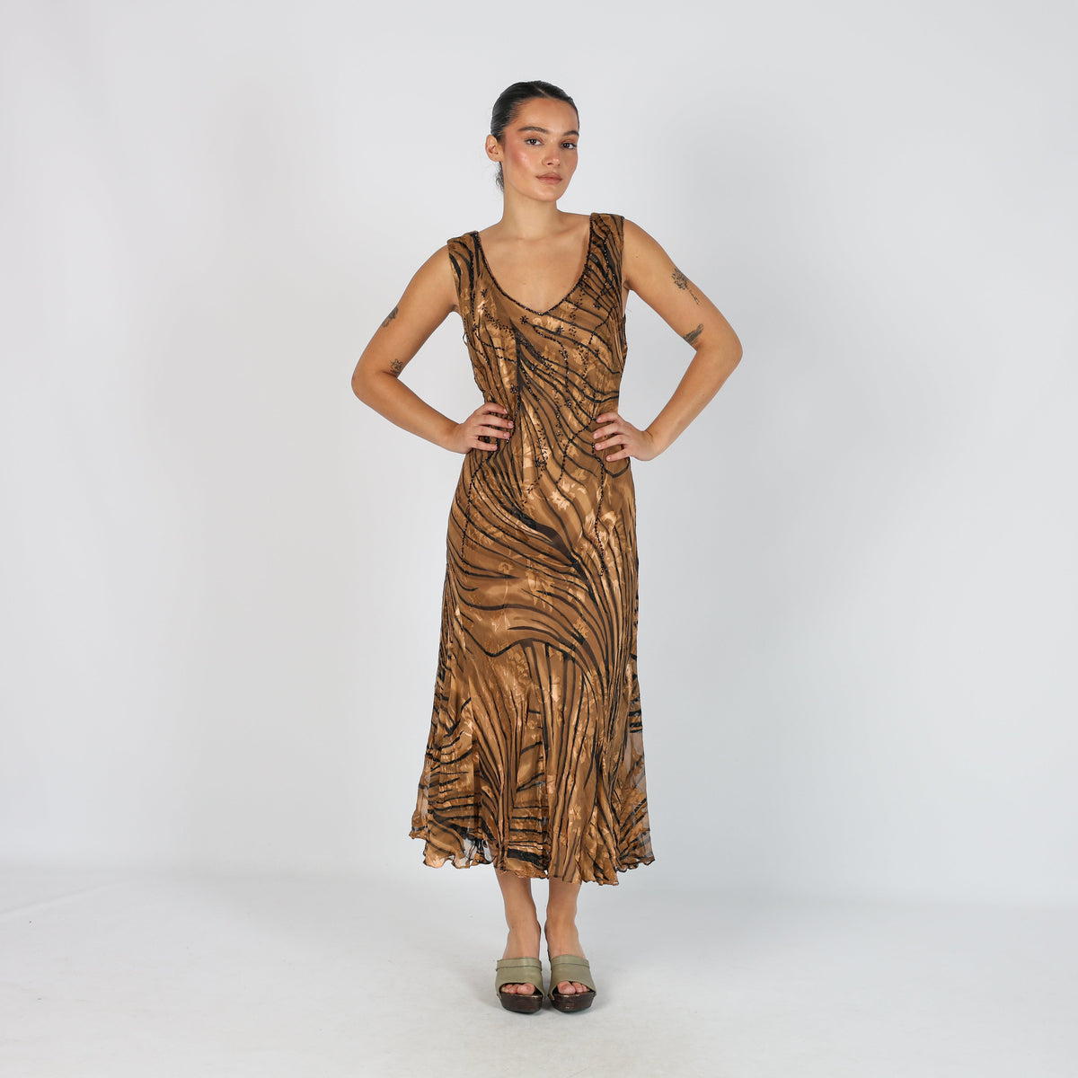 Tan Y2K Woven Maxi Dress (L)