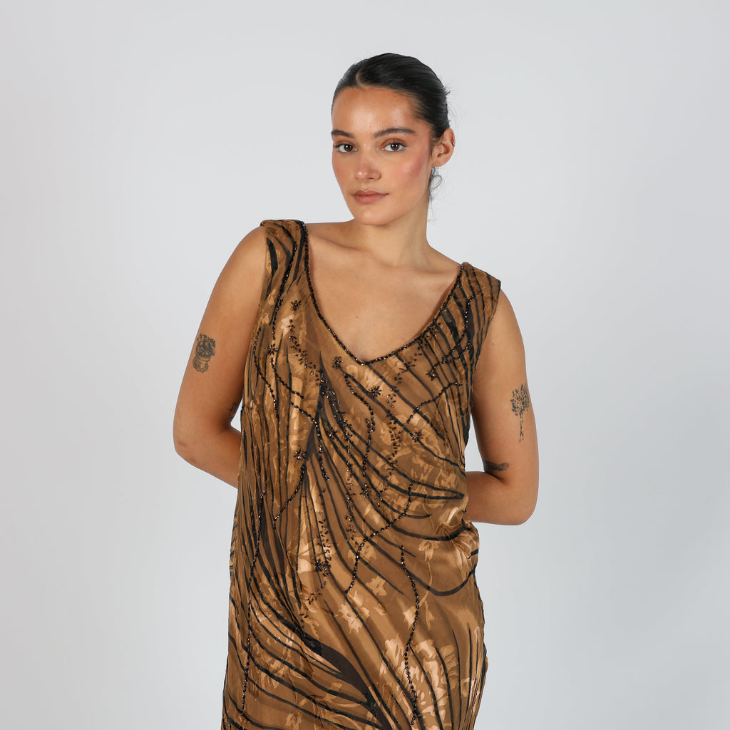 Tan Y2K Woven Maxi Dress (L)