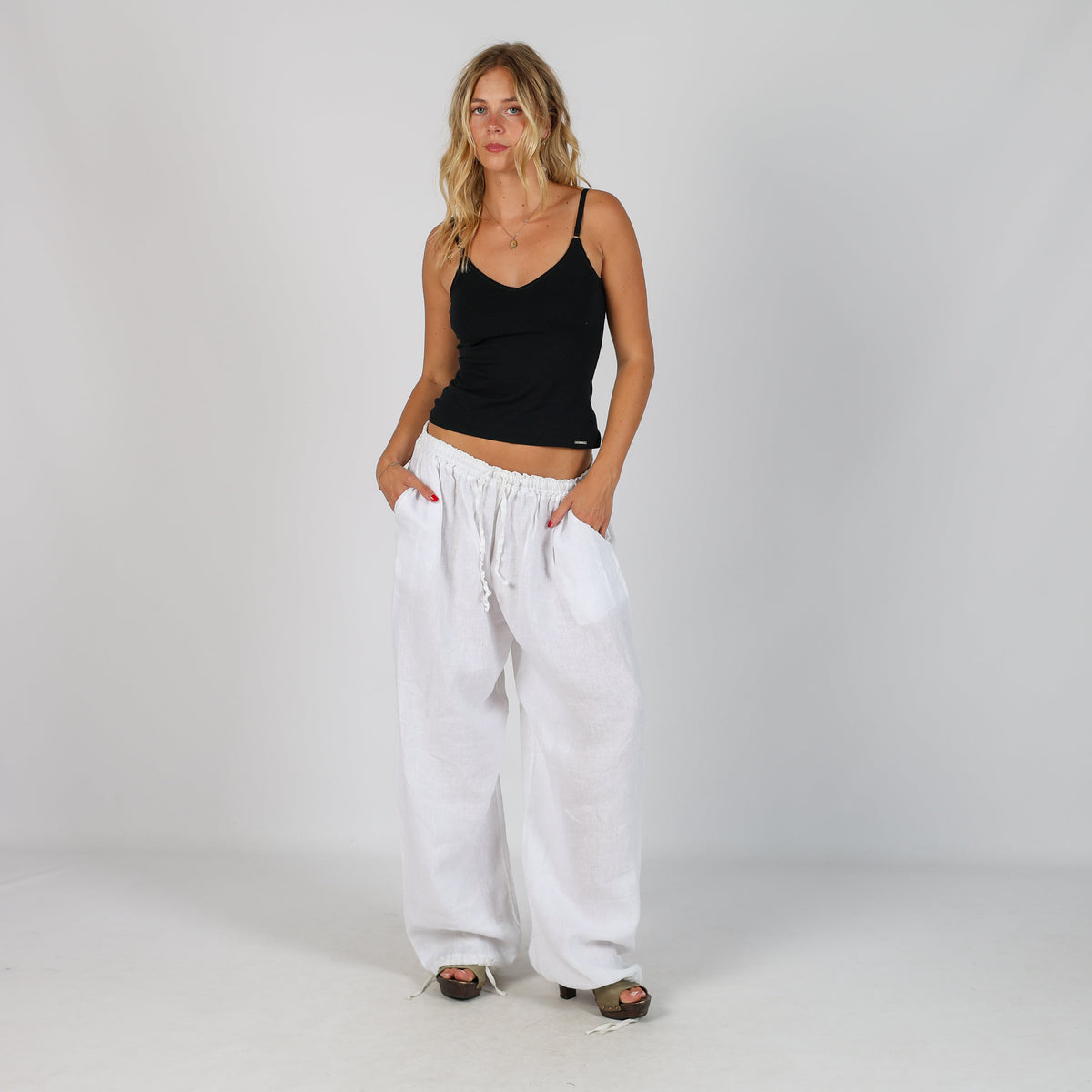 White Y2K Made in Italy Woven Trousers Linen (S)