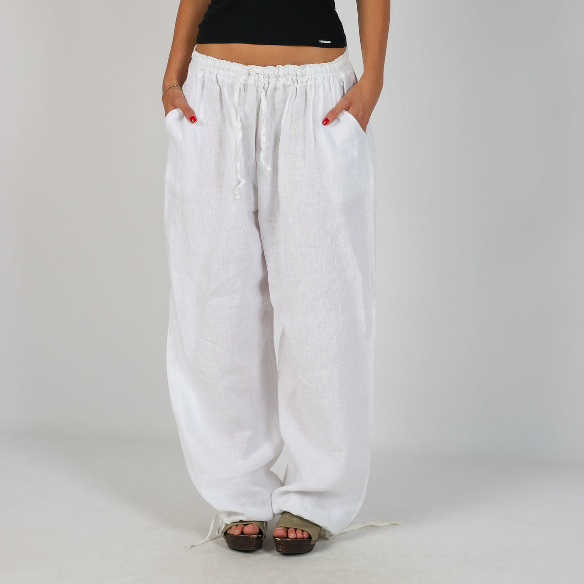 White Y2K Made in Italy Woven Trousers Linen (S)