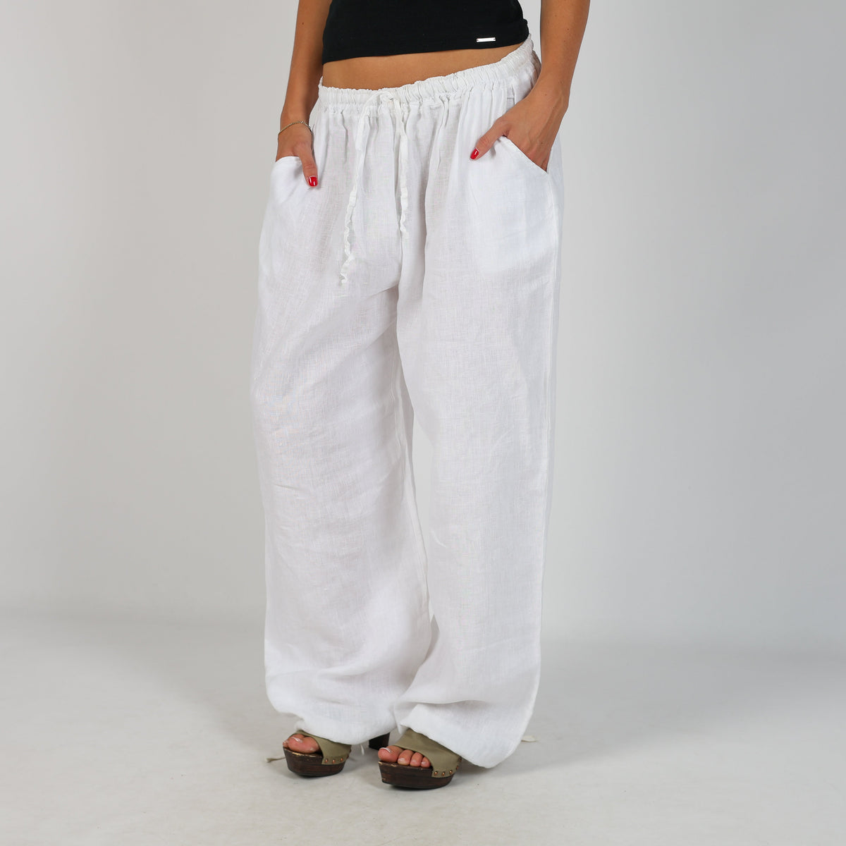 White Y2K Made in Italy Woven Trousers Linen (S)