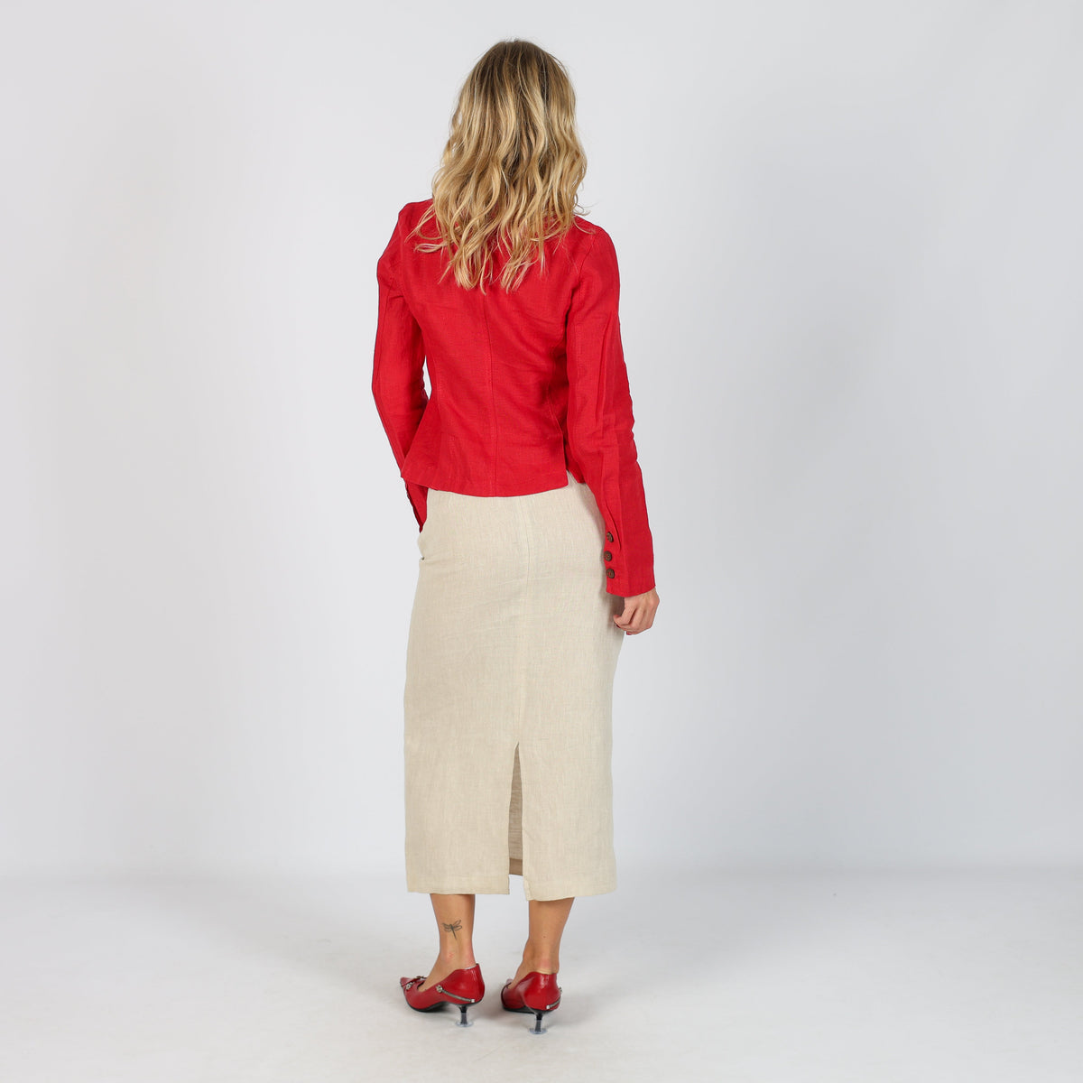 Beige Y2K Made in Italy Woven Midi Skirt Linen (XS)