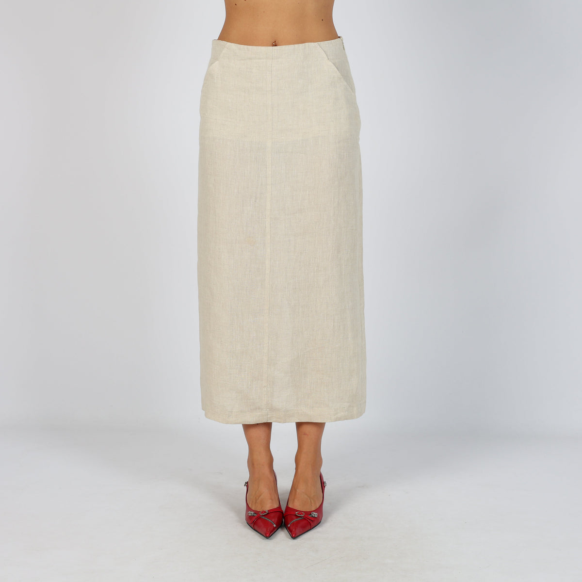 Beige Y2K Made in Italy Woven Midi Skirt Linen (XS)