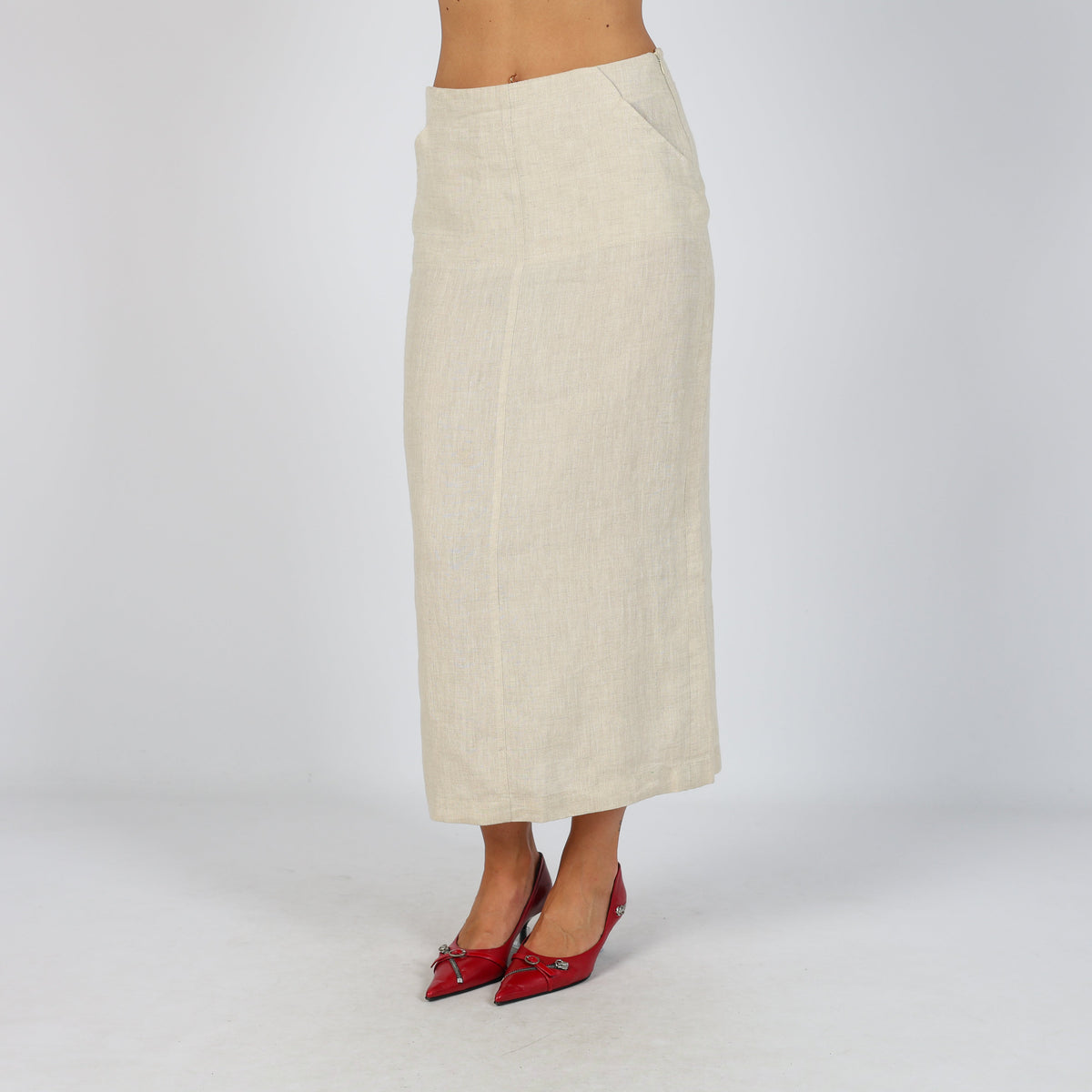 Beige Y2K Made in Italy Woven Midi Skirt Linen (XS)