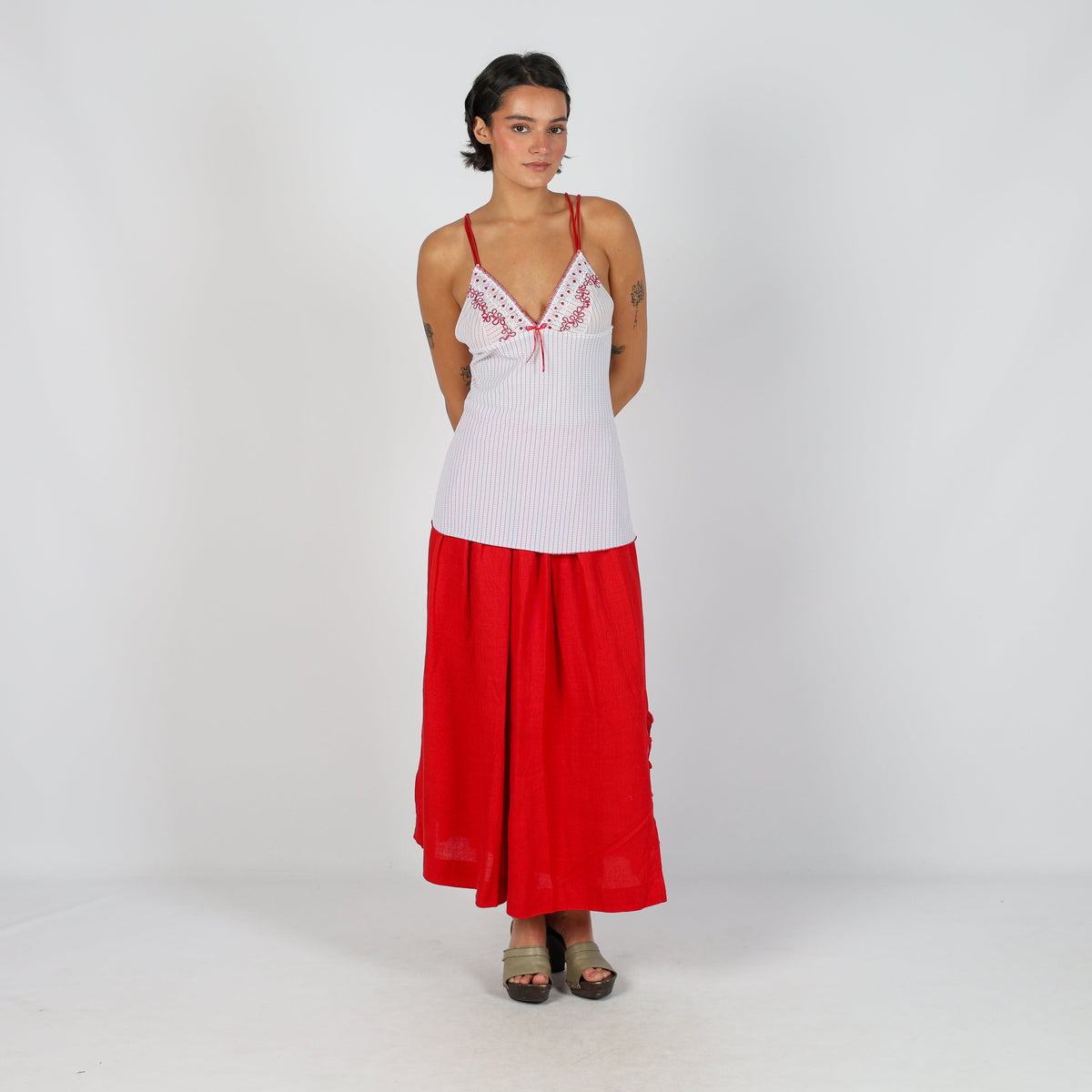 Red Y2K Woven Maxi Skirt (XXS)