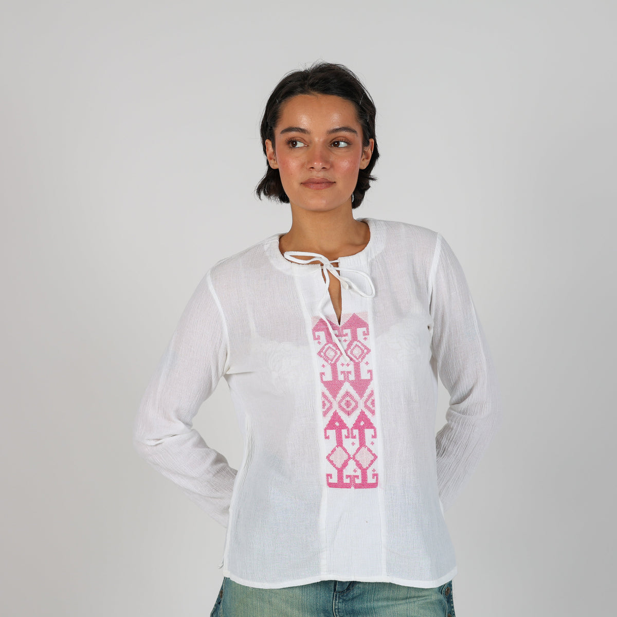 White Y2K Blue Collection Long Sleeve Top Semi Sheer (L)