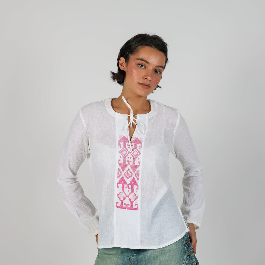 White Y2K Blue Collection Long Sleeve Top Semi Sheer (L)