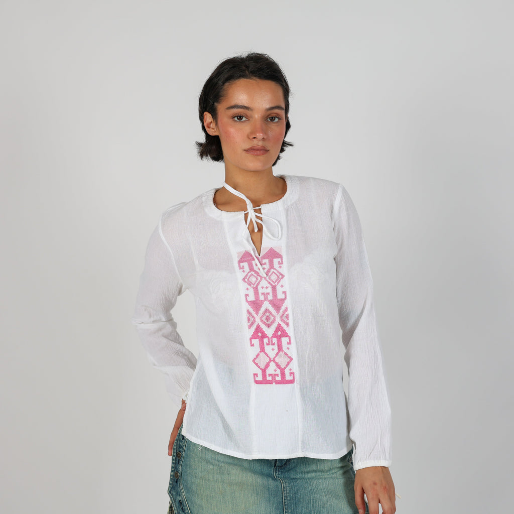 White Y2K Blue Collection Long Sleeve Top Semi Sheer (L)