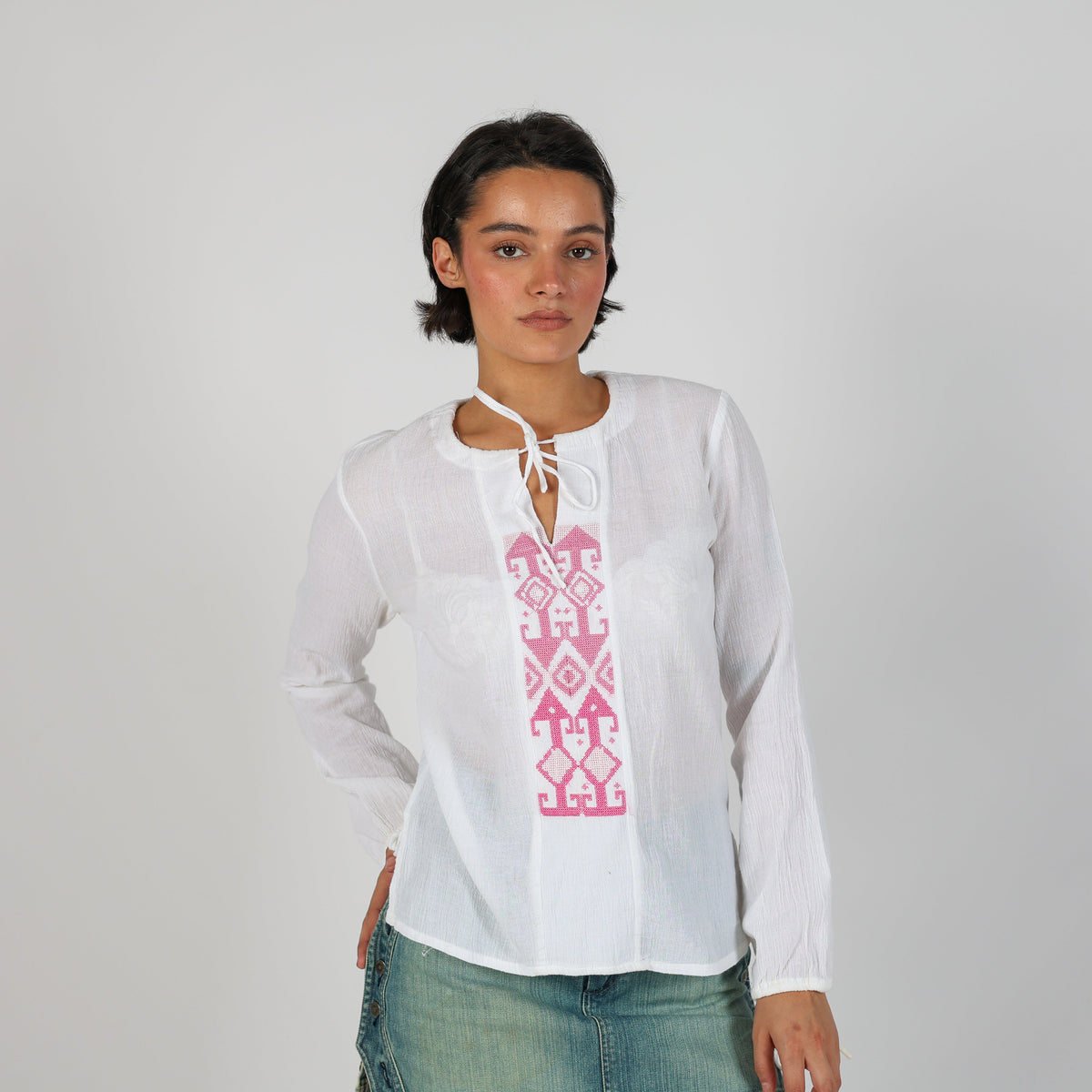 White Y2K Blue Collection Long Sleeve Top Semi Sheer (L)
