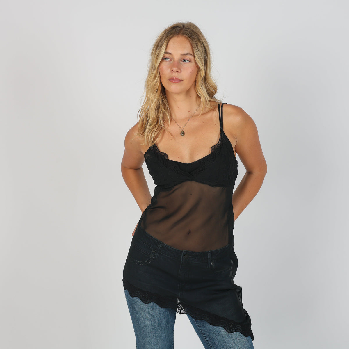 Black Y2K Slip Dress Sheer (S)