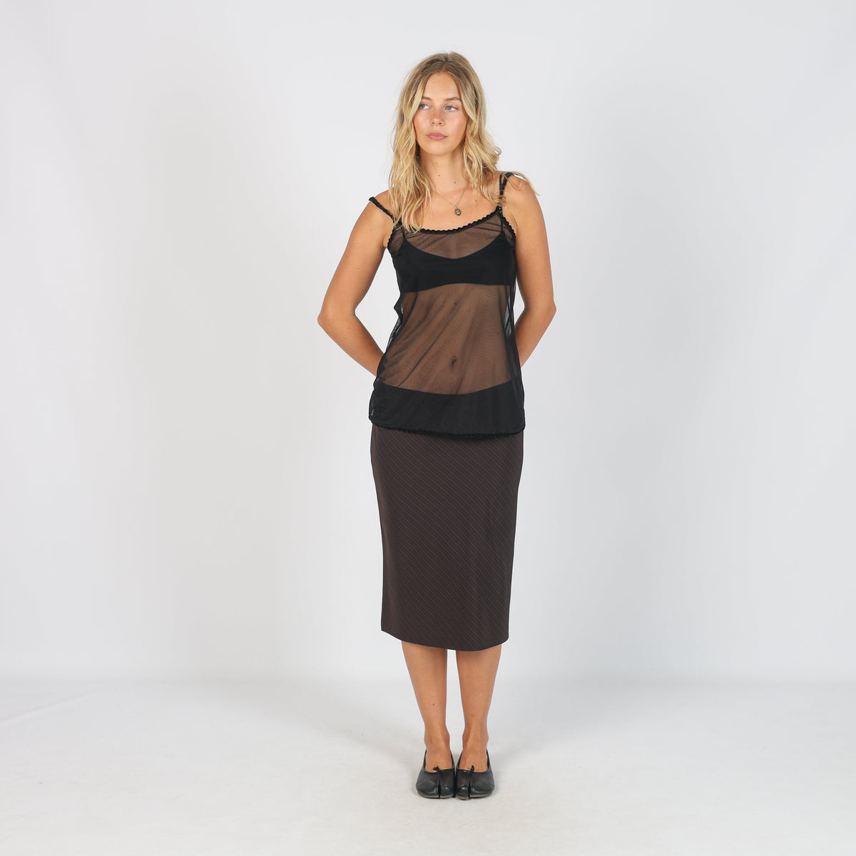 Brown Y2K Max&Co. Woven Midi Skirt Pinstripe (S)