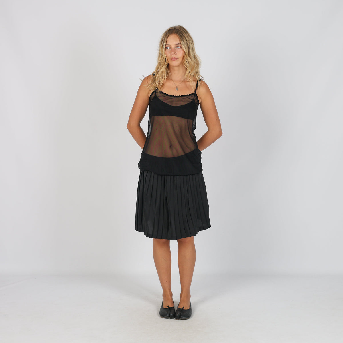 Black Y2K Woven Midi Skirt Semi Sheer (S)