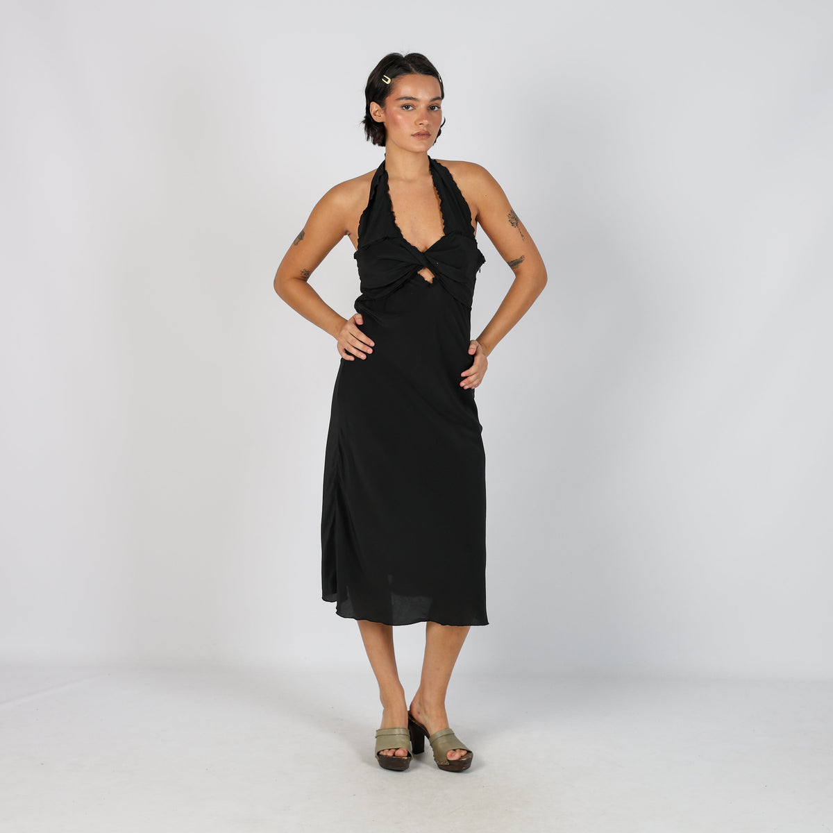 Black Y2K Made in Italy Woven Midi Dress semi sheer (S)