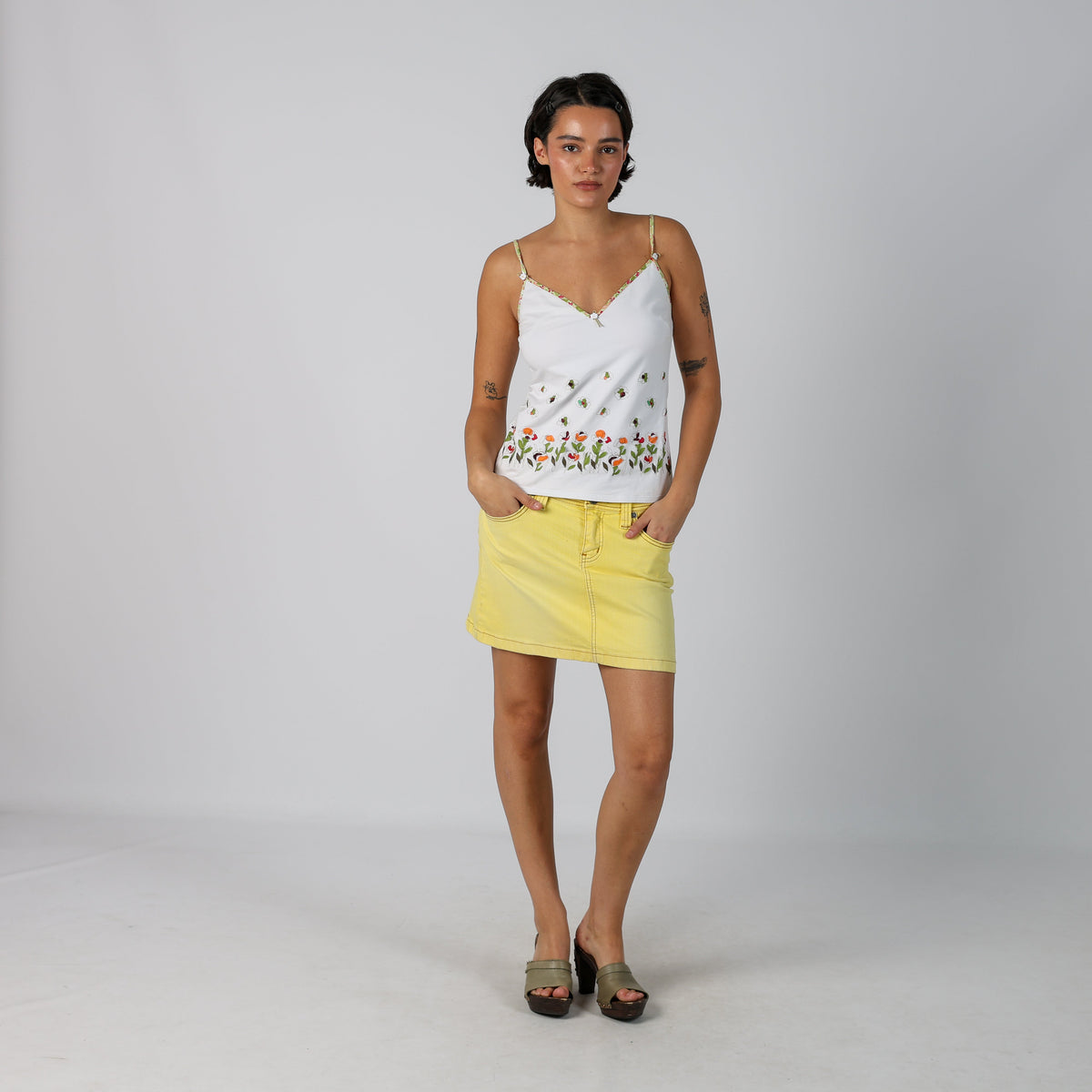 Yellow Y2K One Green Elephant Jeans Denim Mini Skirt (M)