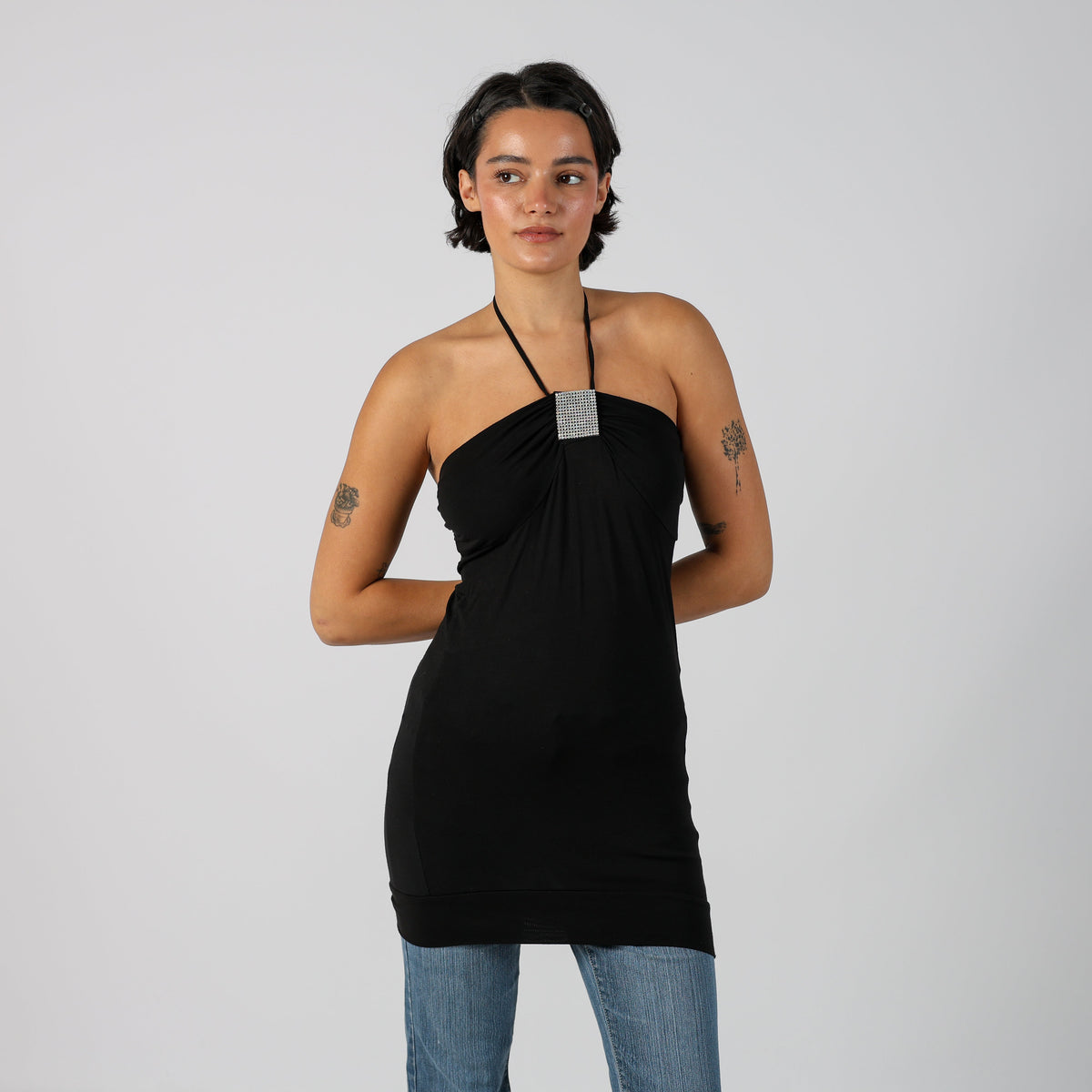 Black Y2K Artigli Woven Mini Dress (S)