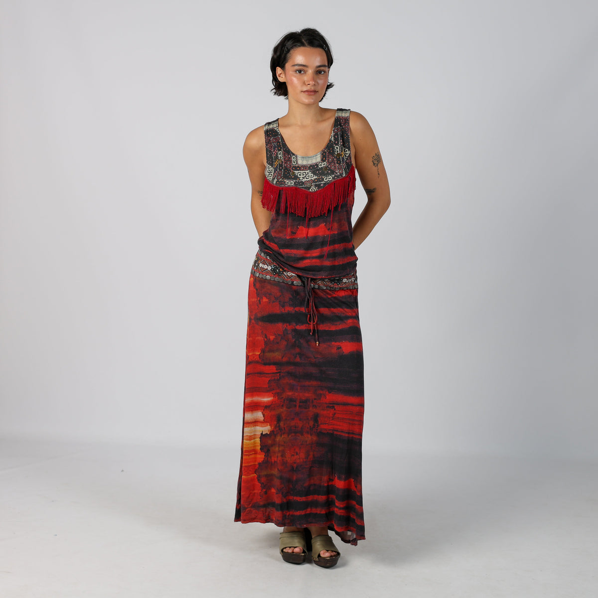 Red Y2K Desigual Woven Maxi Dress (M)