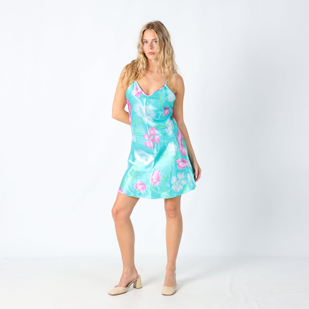 Turquoise Y2K Fiori Di Loto Slip Dress Floral (M)