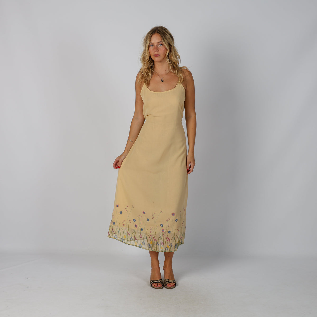 Beige Y2K Woven Maxi Dress Semi Sheer (M)