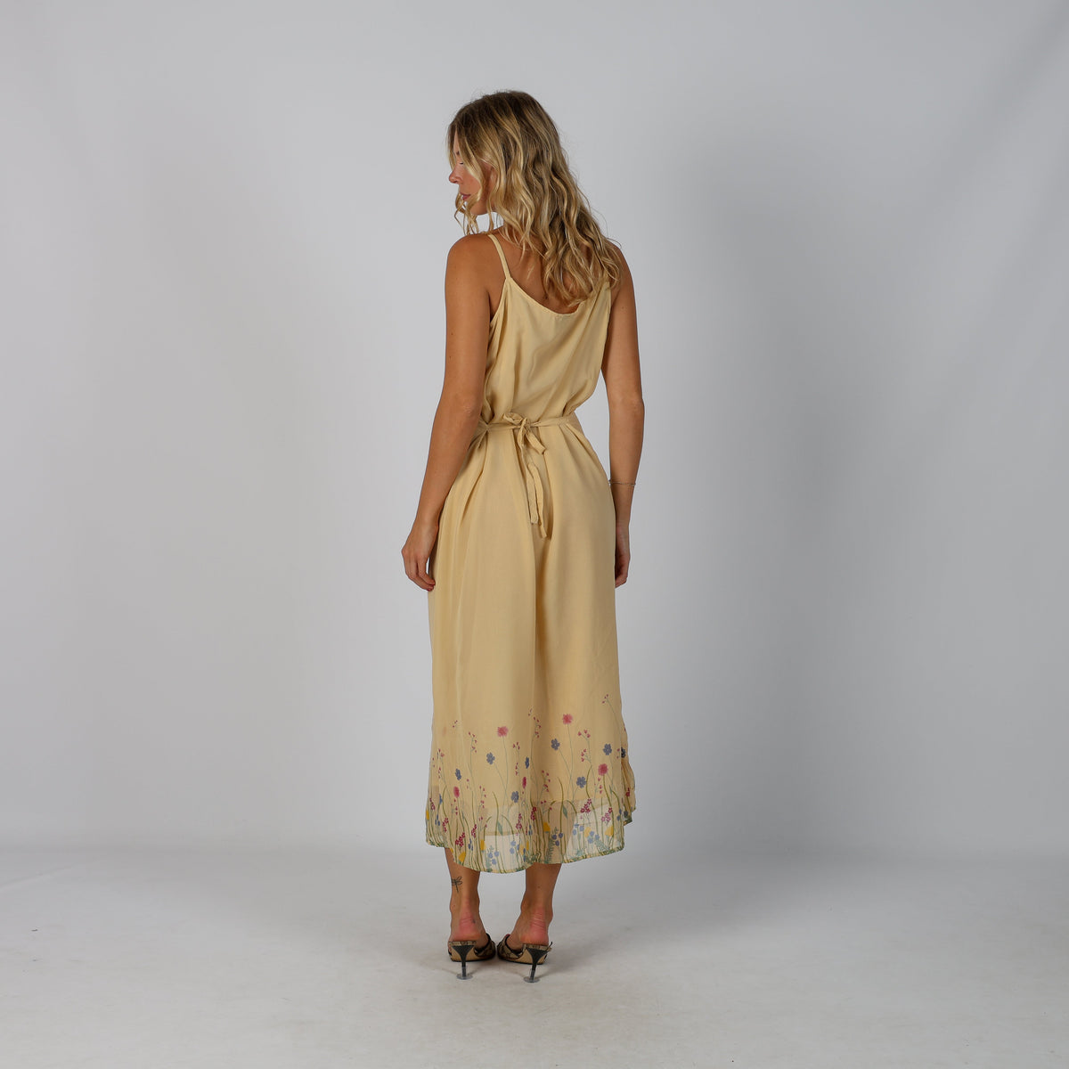 Beige Y2K Woven Maxi Dress Semi Sheer (M)