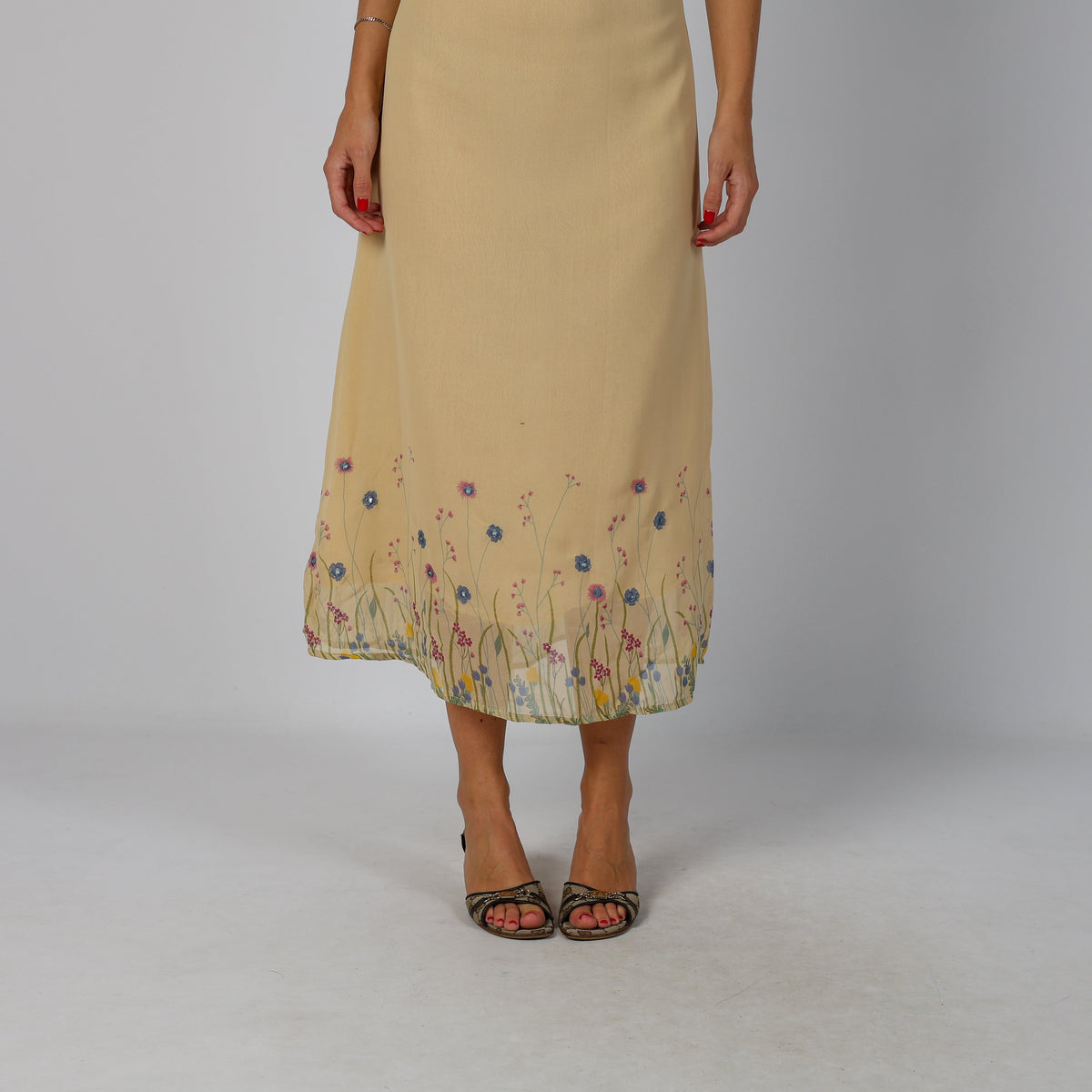 Beige Y2K Woven Maxi Dress Semi Sheer (M)