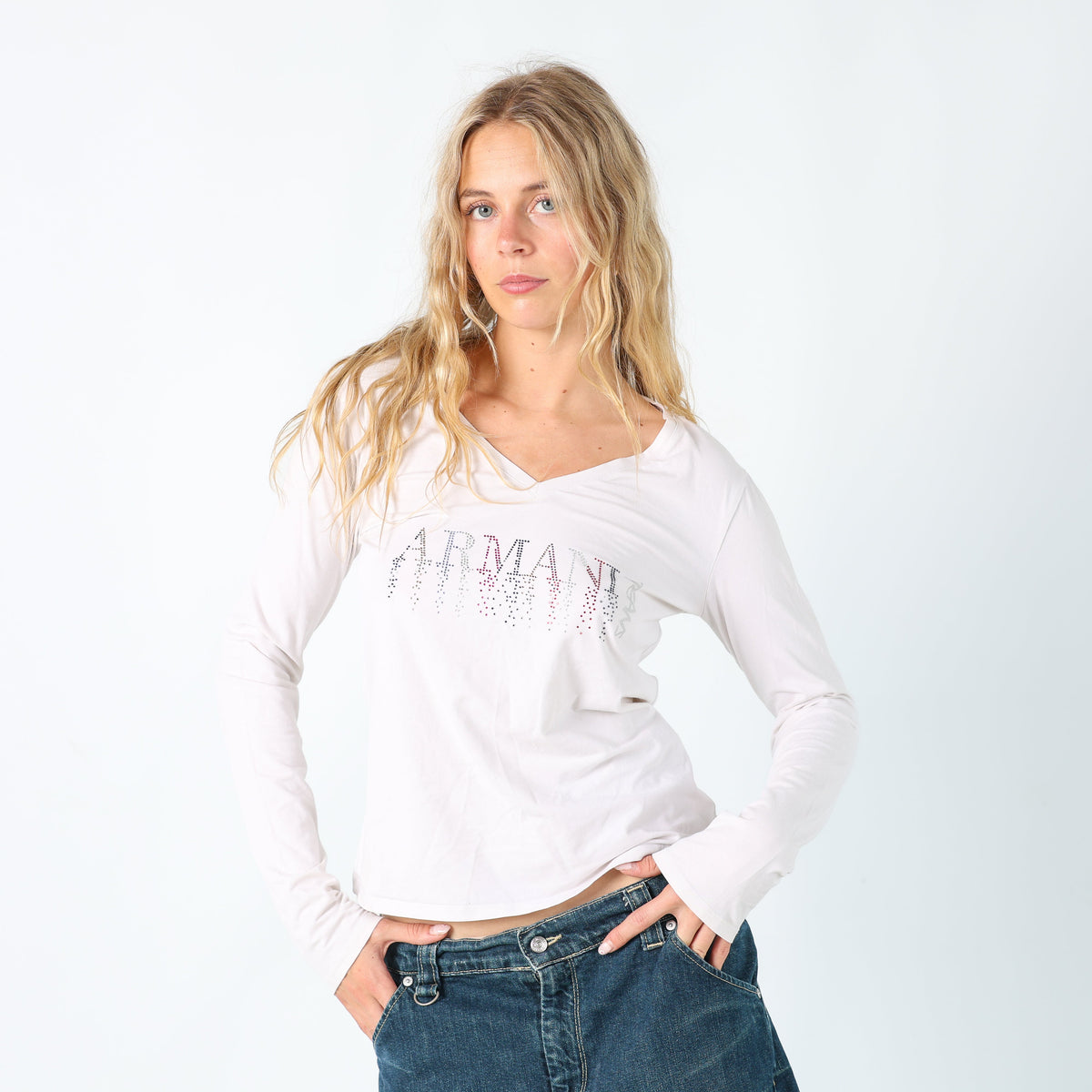Ivory Y2K Armani Jeans Long Sleeve Tee Gem Detail (10)