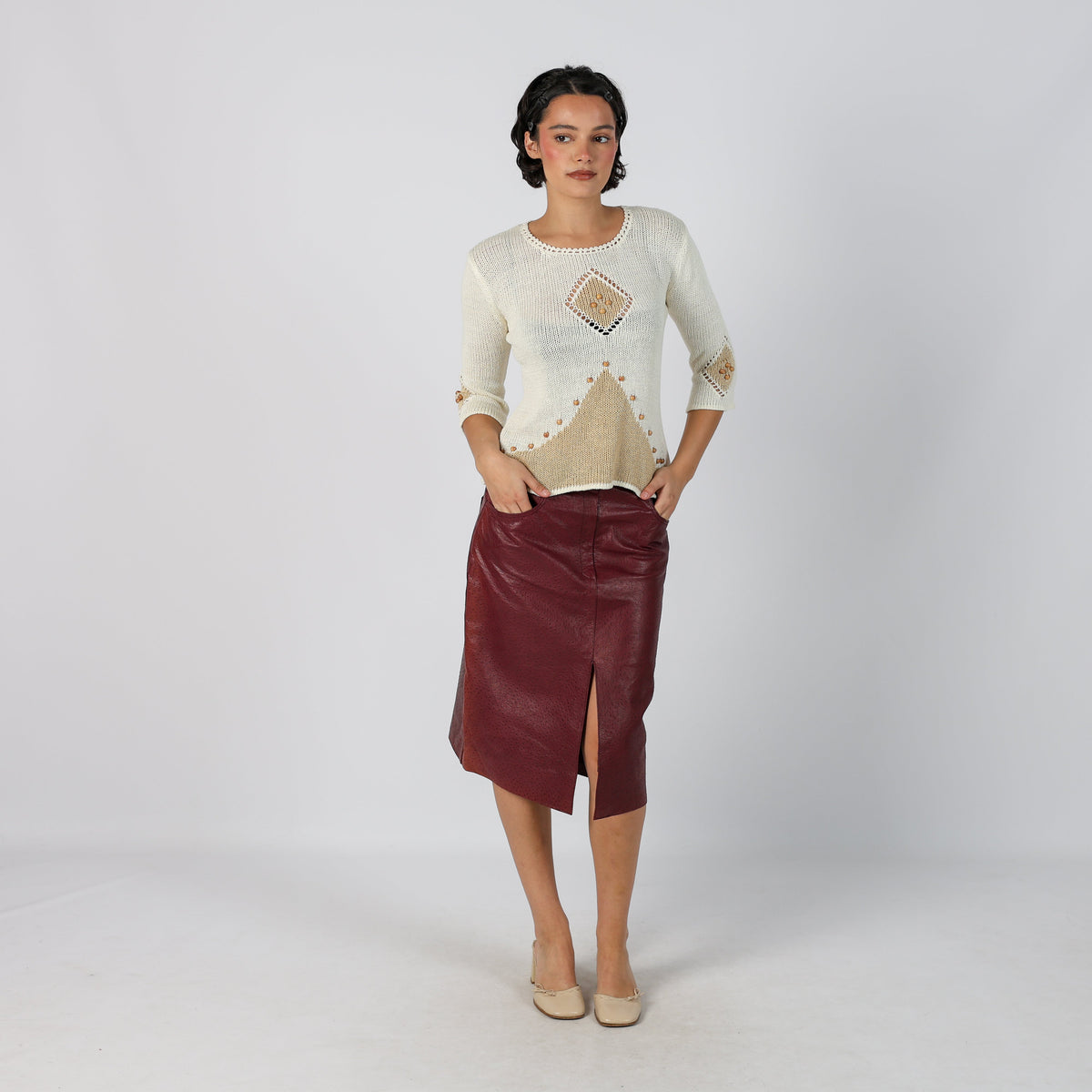 Burgundy Red 90s Vera Pelle Leather Midi Skirt (S)