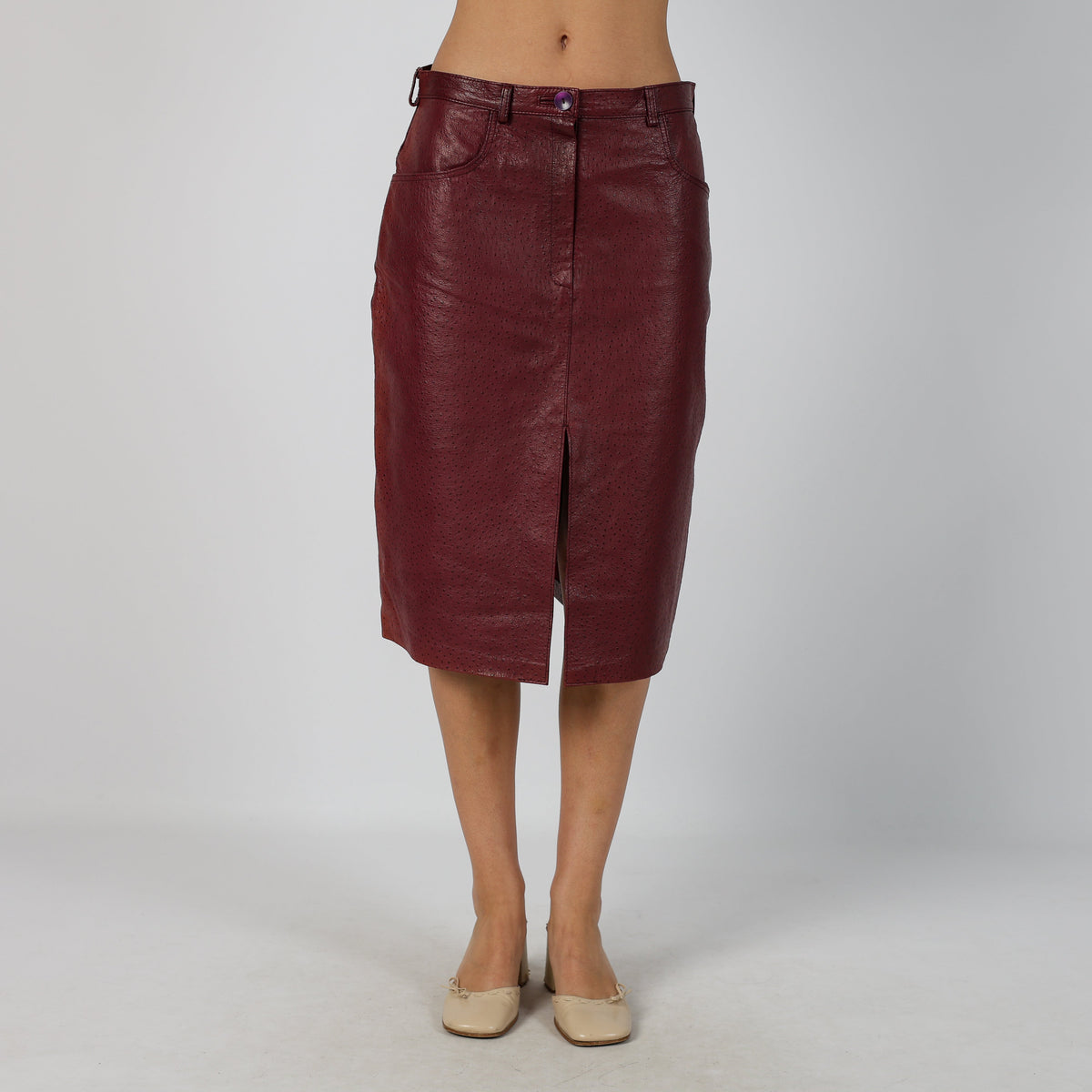 Burgundy Red 90s Vera Pelle Leather Midi Skirt (S)