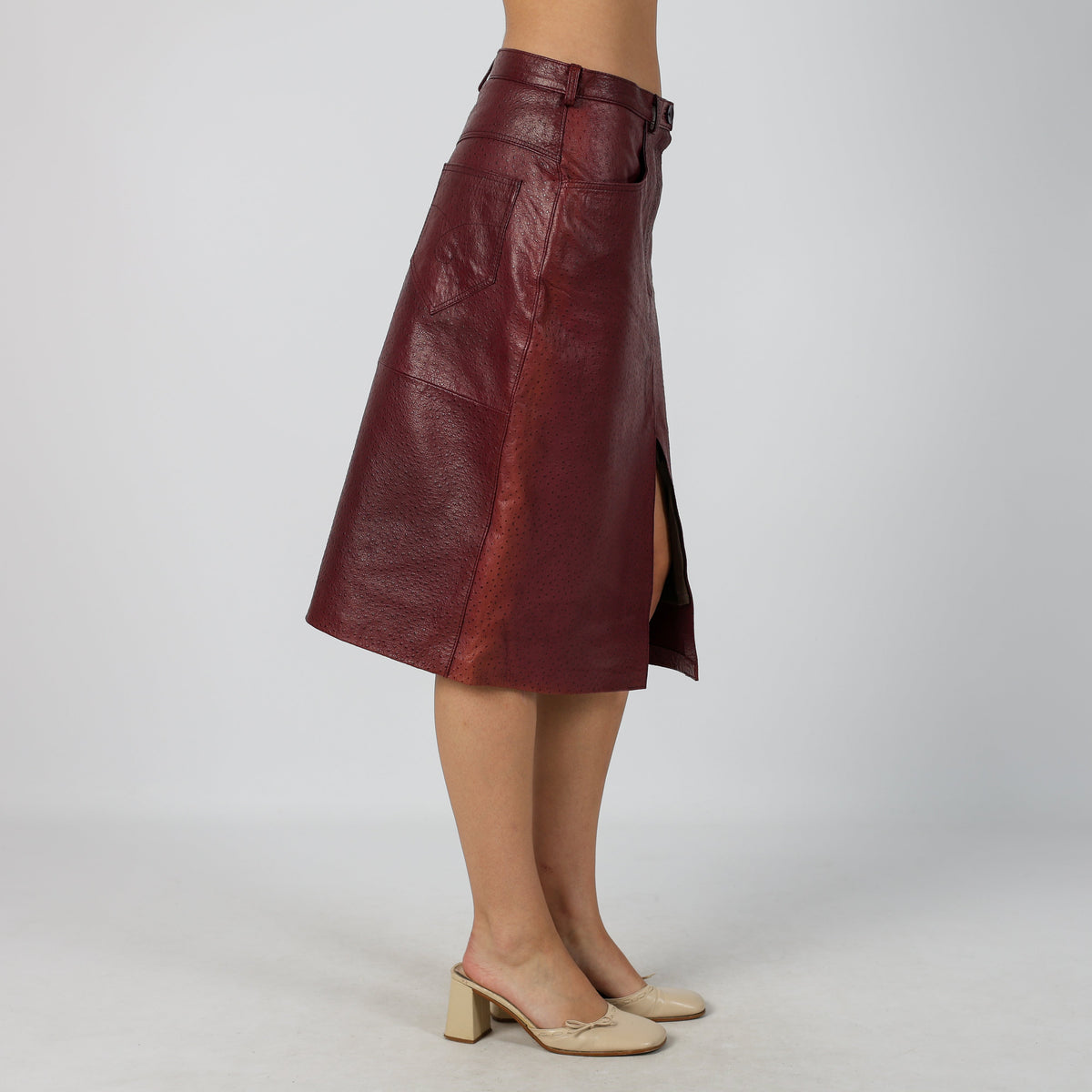 Burgundy Red 90s Vera Pelle Leather Midi Skirt (S)
