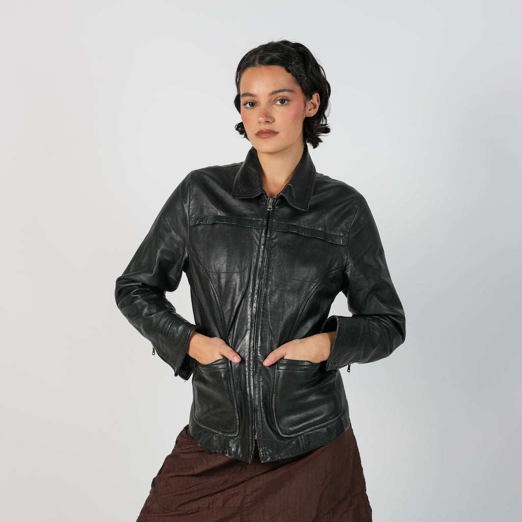 Black Y2K Caractère Leather Jacket (M)