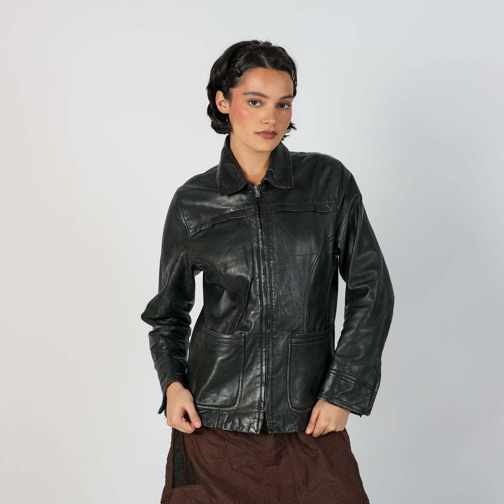 Black Y2K Caractère Leather Jacket (M)